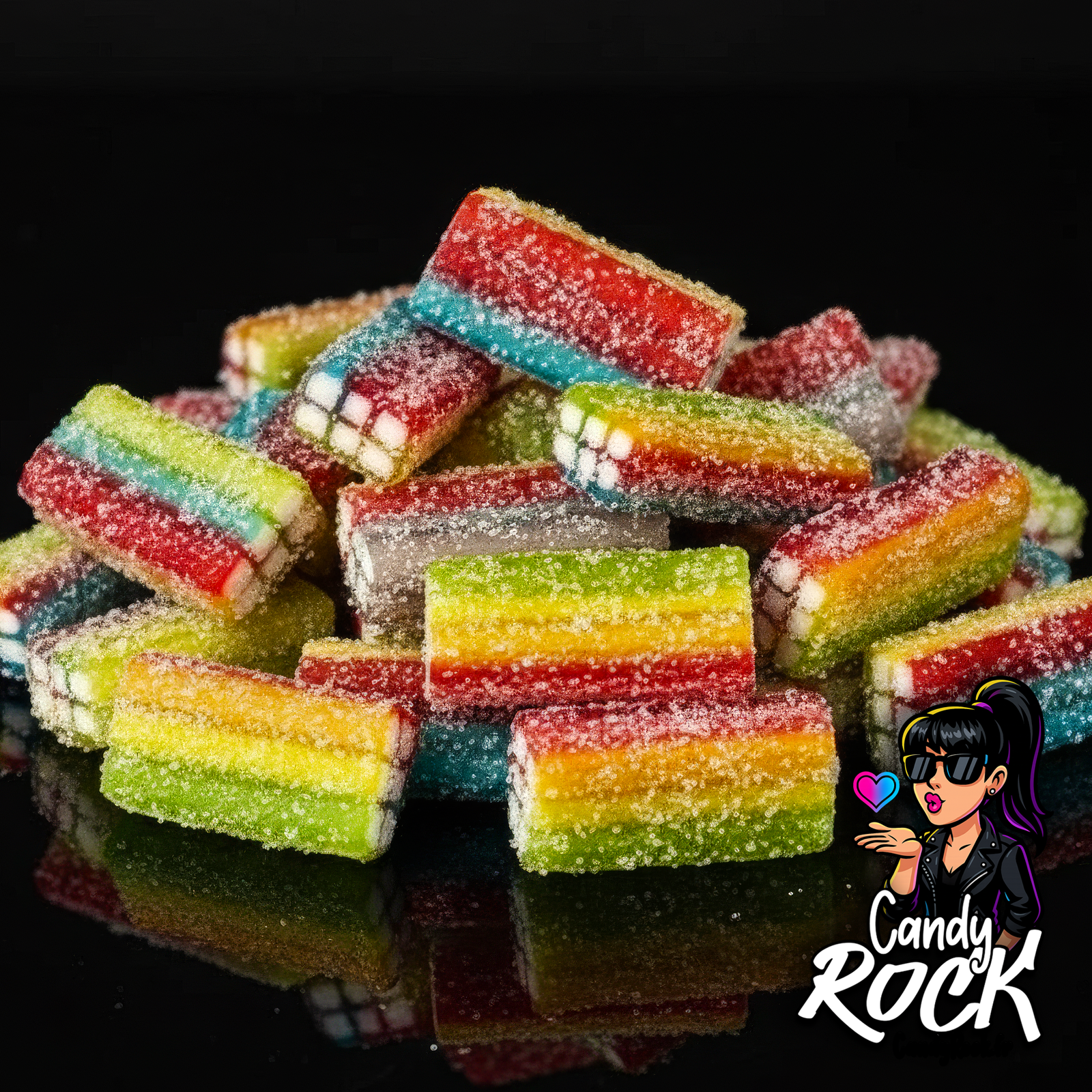 Zoom sur les briques multicolores acidulées, détail du cœur blanc crémeux et des couleurs vives CandyRock.