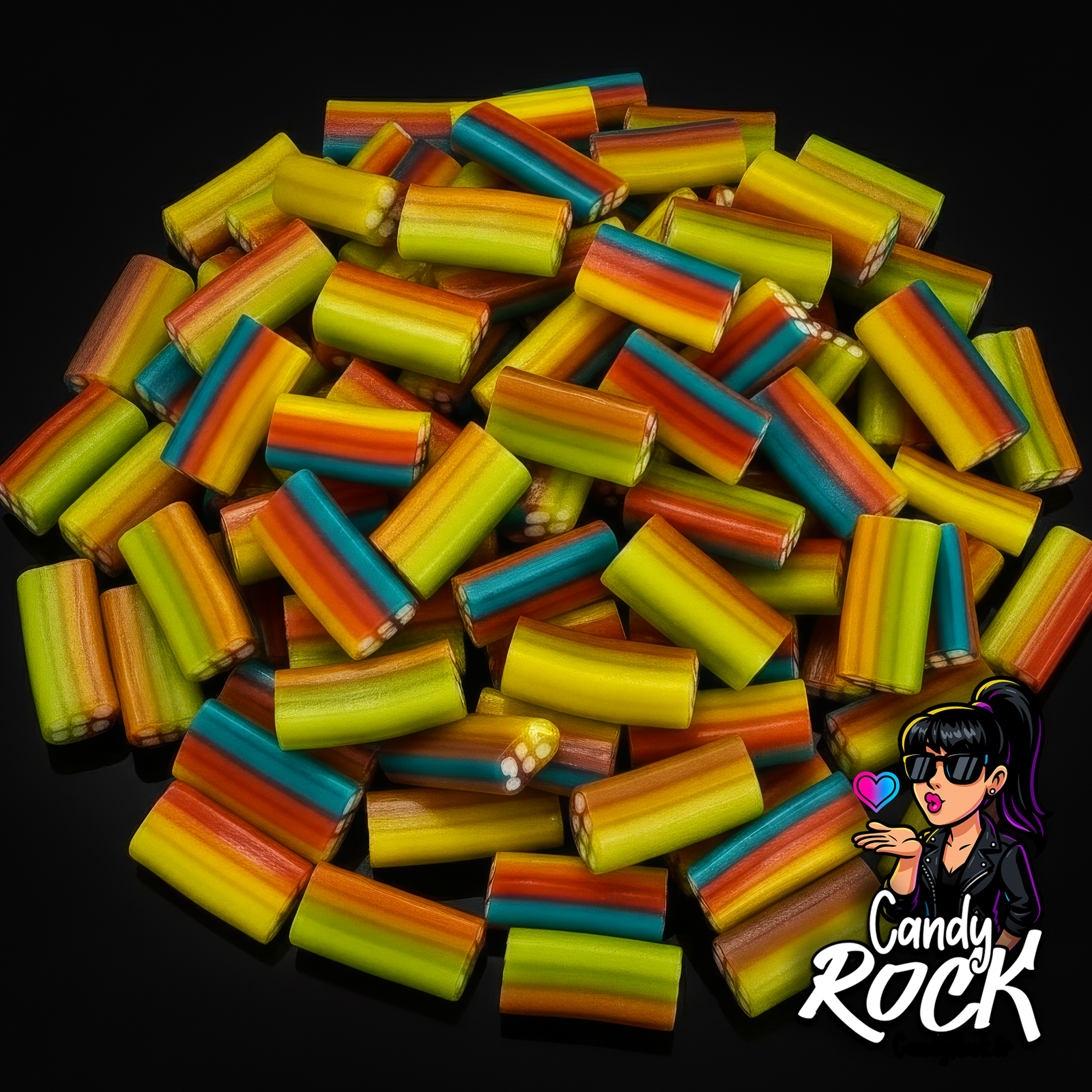 Briques multicolores lisses au cœur blanc crémeux, posées en tas sur fond noir brillant, CandyRock.