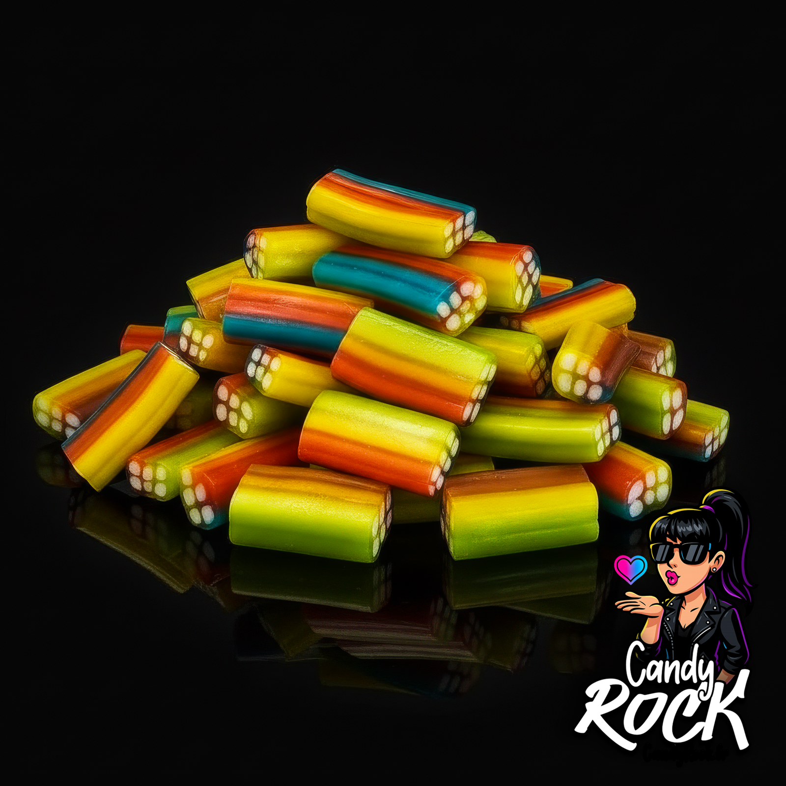 Vue rapprochée de briques gélifiées lisses multicolores révélant le cœur crémeux blanc, CandyRock.