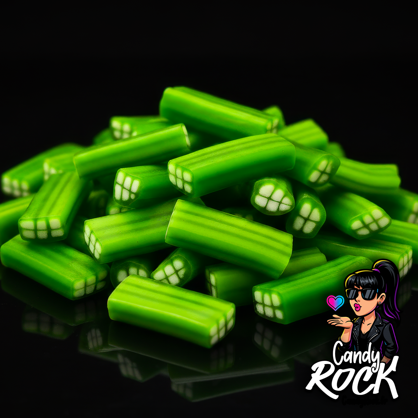 Gros plan sur des briques vert pomme lisses montrant le cœur blanc quadrillé, ambiance CandyRock.