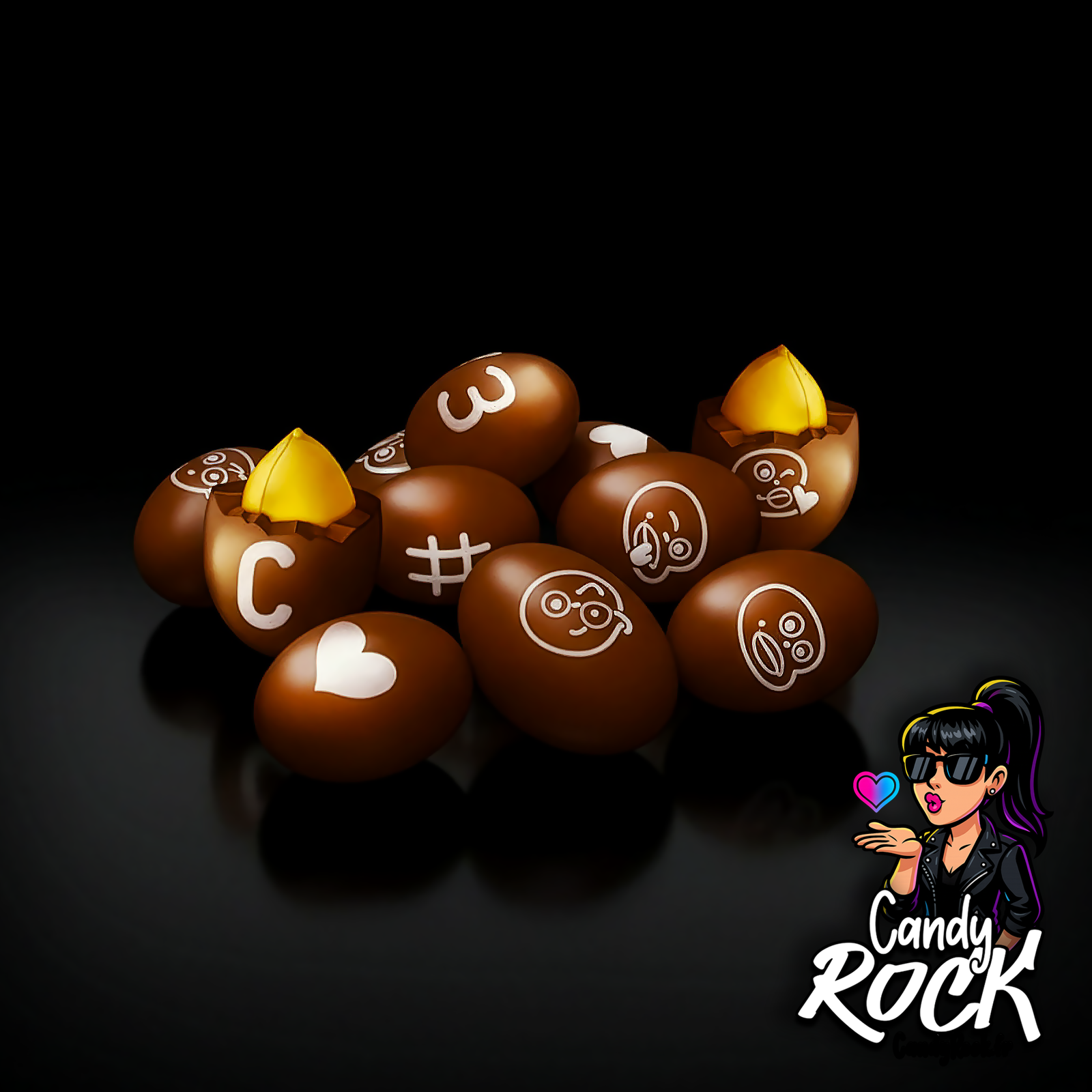 Gros plan sur cacahuètes entières enrobées de chocolat avec motifs blancs et cacahuète croquante apparente, rendu sombre CandyRock.