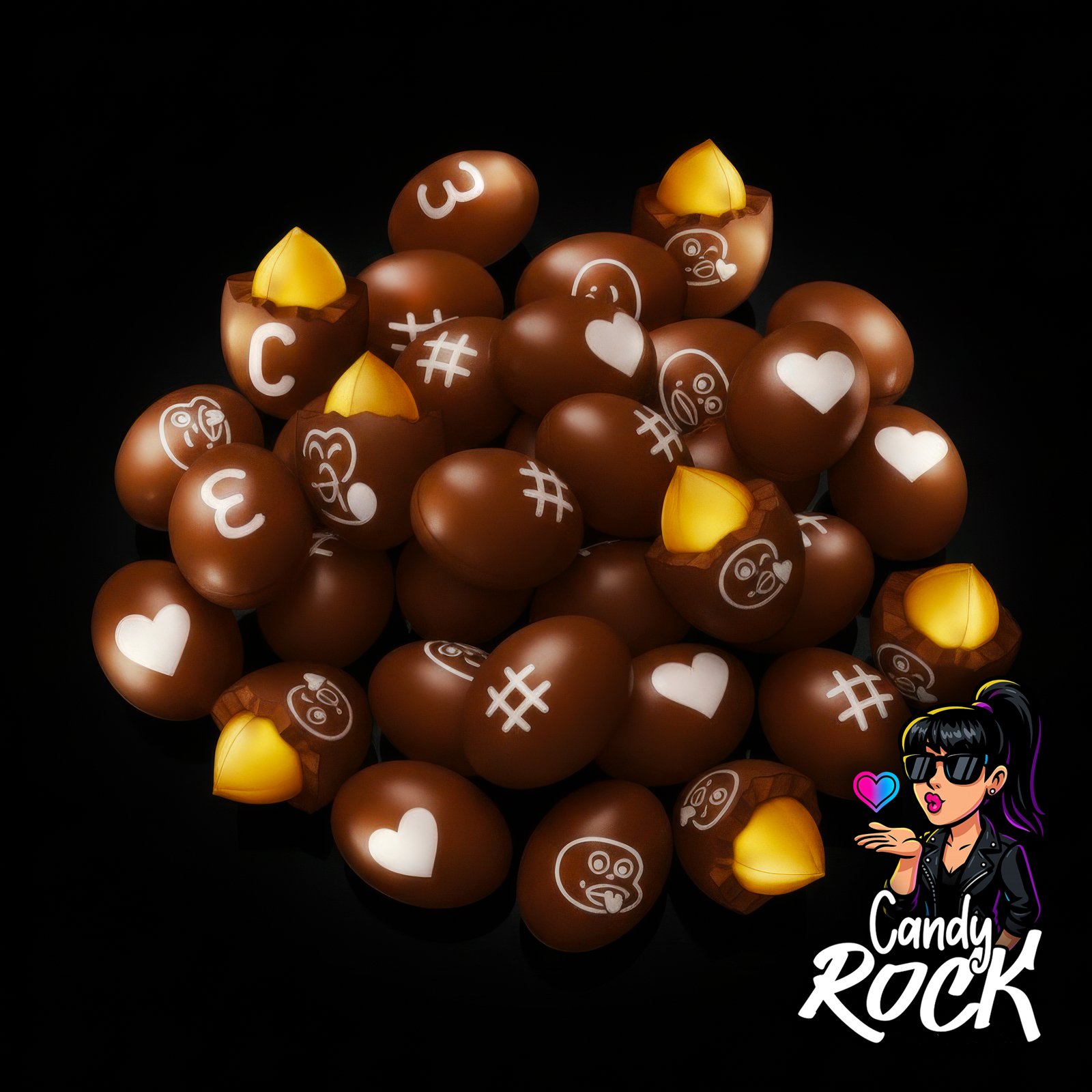 Amas de cacahuètes enrobées de chocolat brillant avec impressions blanches et demi-cacahuètes ouvertes, visuel gourmand CandyRock.