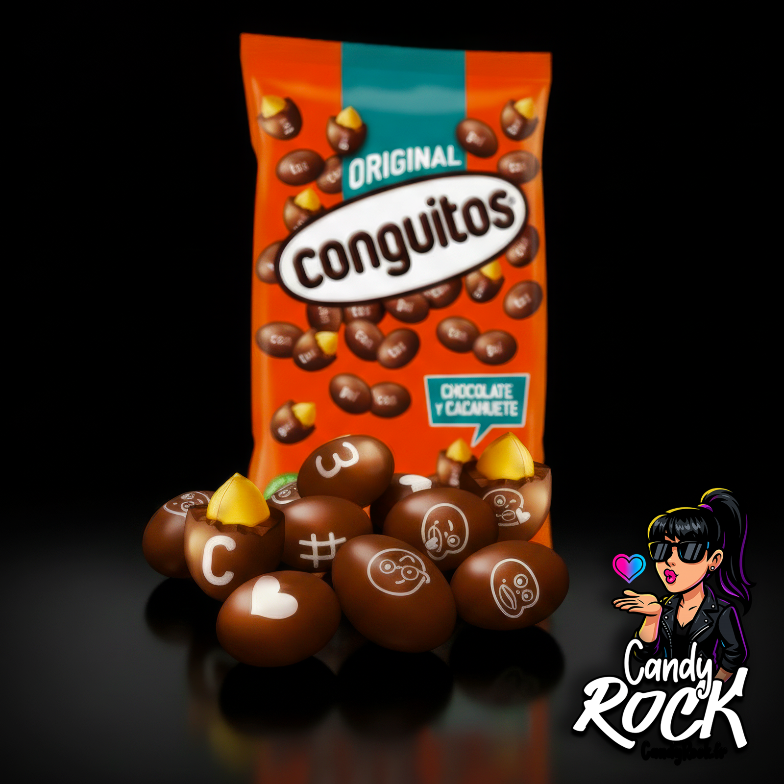 Sachet Conguitos orange entouré de cacahuètes enrobées de chocolat brillant avec symboles blancs, ambiance gourmande CandyRock.