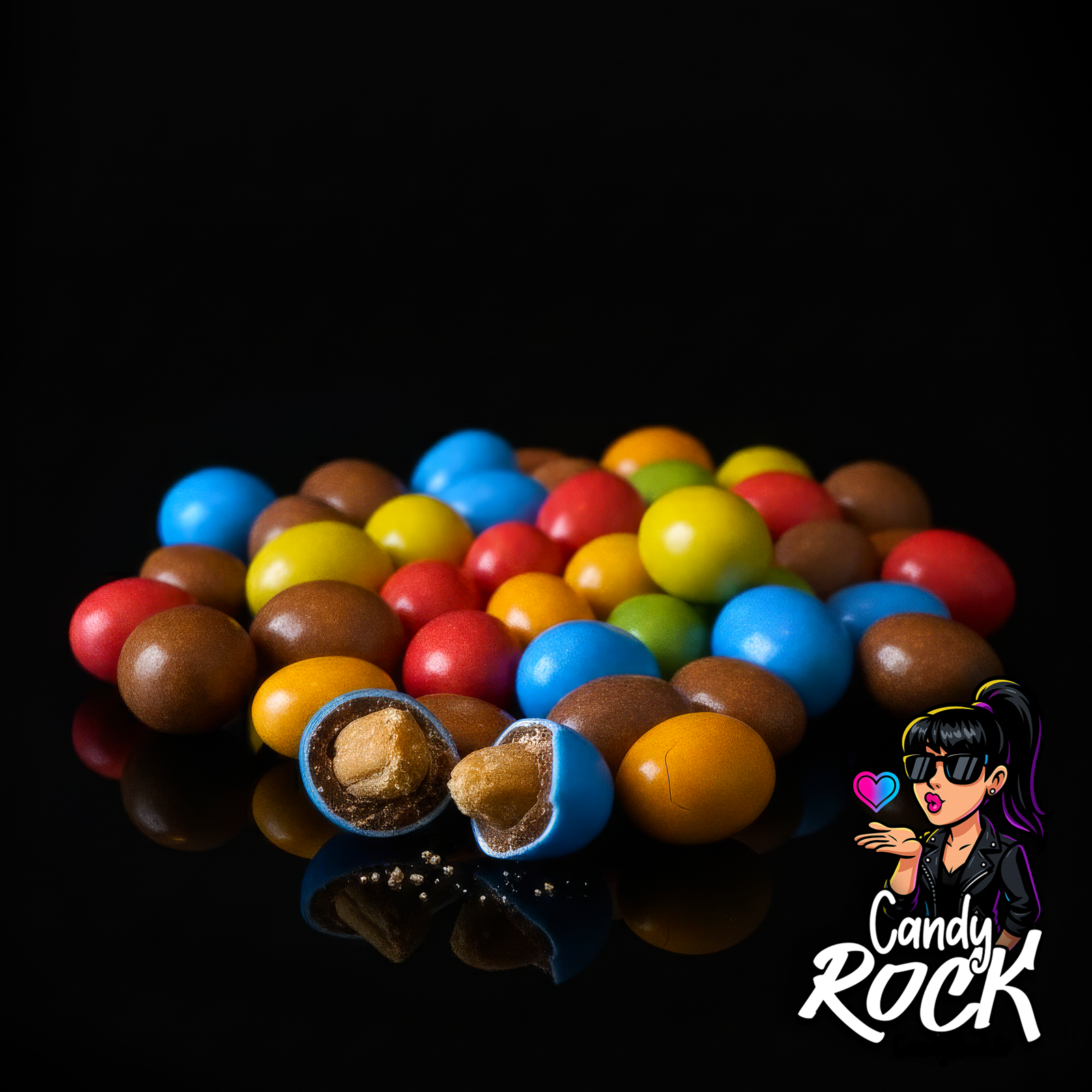 Gros plan sur cacahuètes chocolatées multicolores avec coque lisse et cacahuète visible, ambiance gourmande CandyRock.