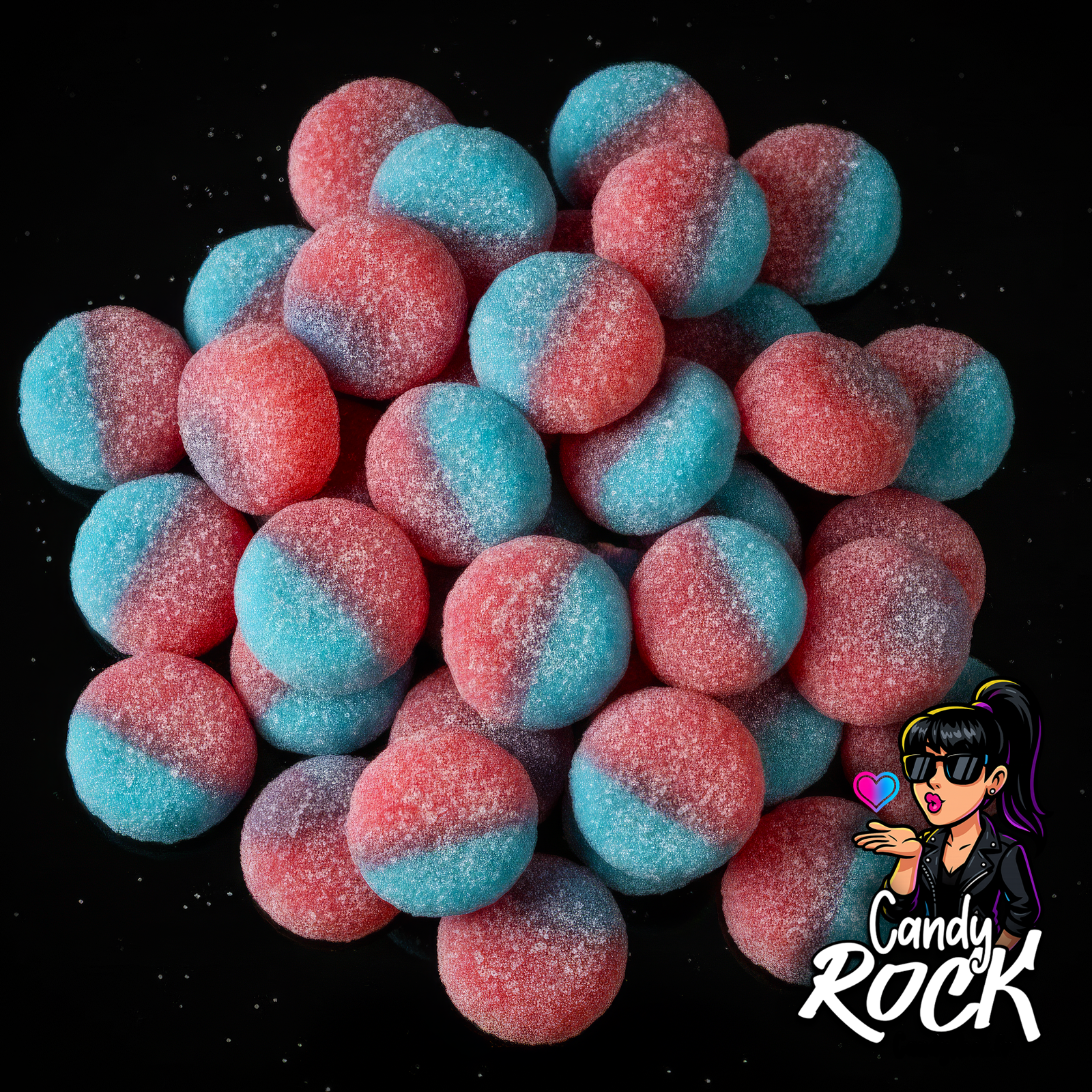 Bonbons Caprice Tutti bicolores rose et bleu avec sucre acidulé, présentés en vrac sur fond noir, CandyRock.