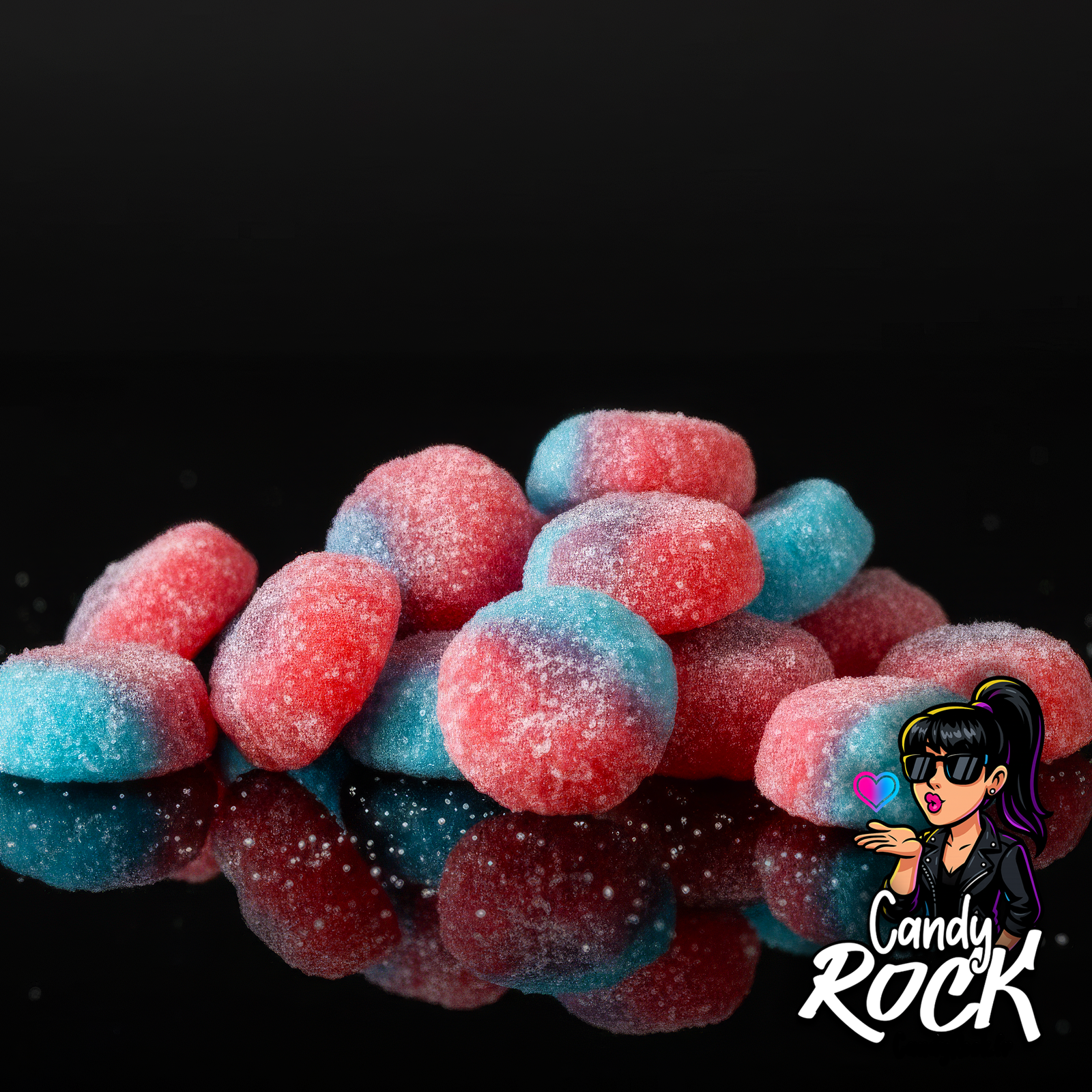 Vue rapprochée de bonbons Caprice Tutti gélifiés rose et bleu, détail du sucre acidulé et des couleurs vives CandyRock.
