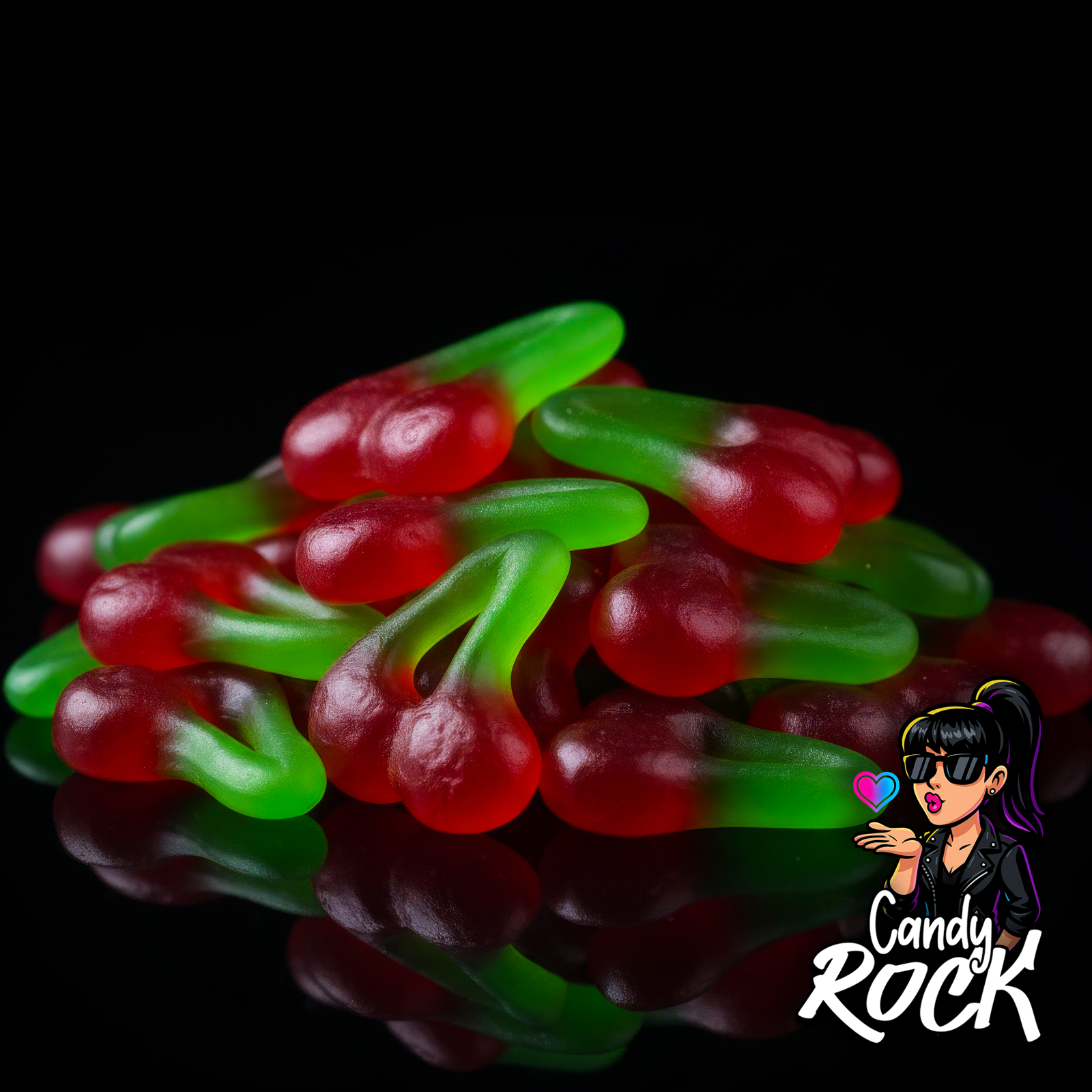 Vue rapprochée de nombreuses cerises gélifiées lisses rouges et vertes, texture brillante et uniforme, CandyRock.