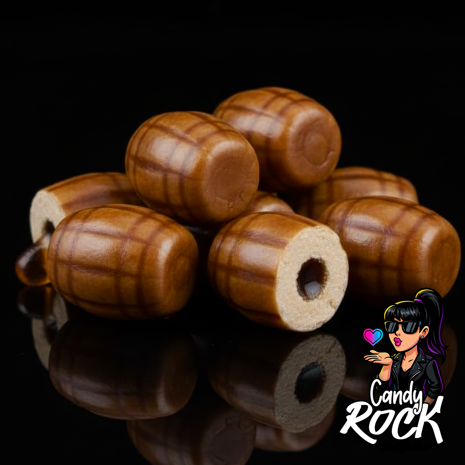 Zoom sur barriques chewing-gum mojito à coque lisse marron et cœur liquide, ambiance rock CandyRock.