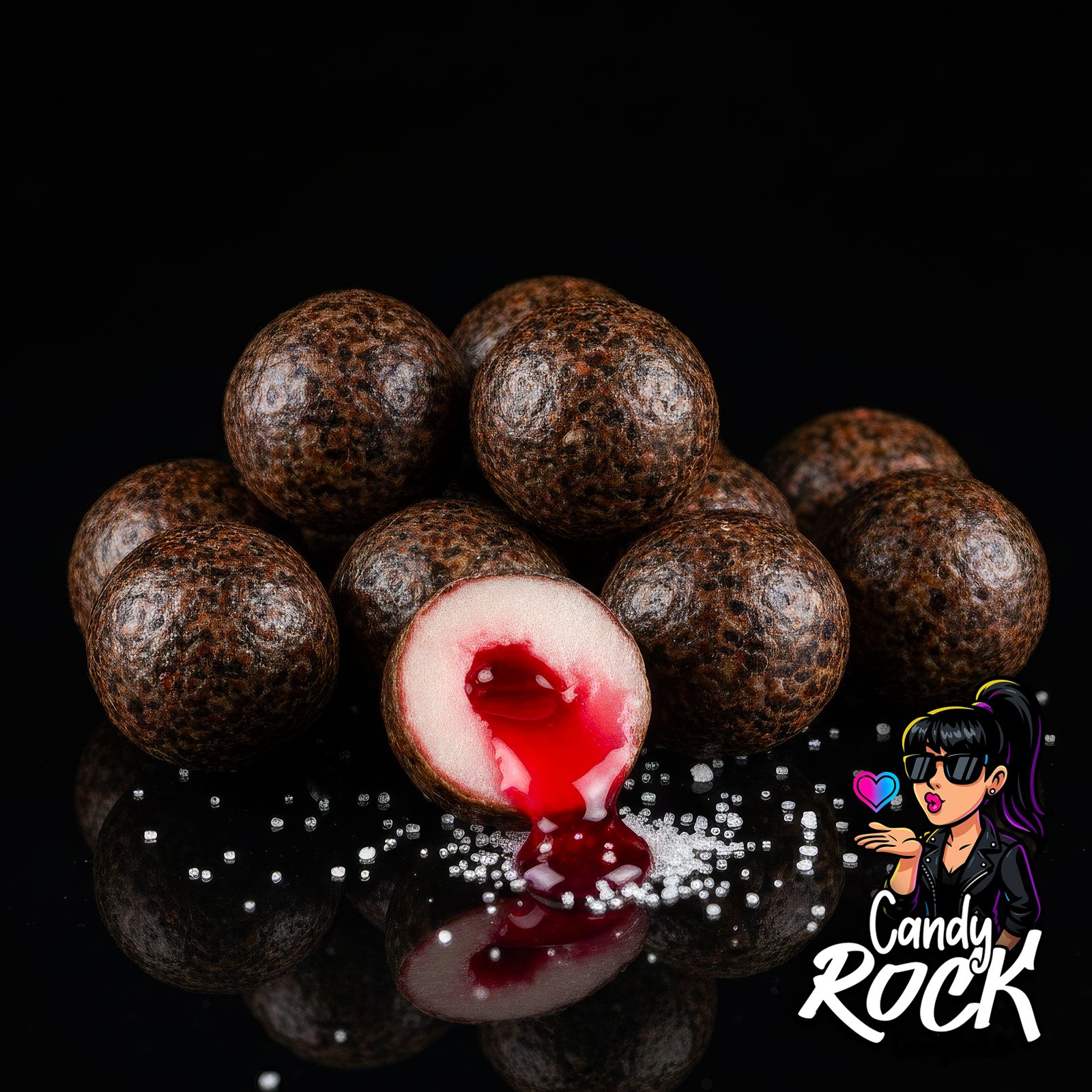 Zoom sur billes chewing gum Destroyer à coque sombre et centre rouge liquide, ambiance rock CandyRock.