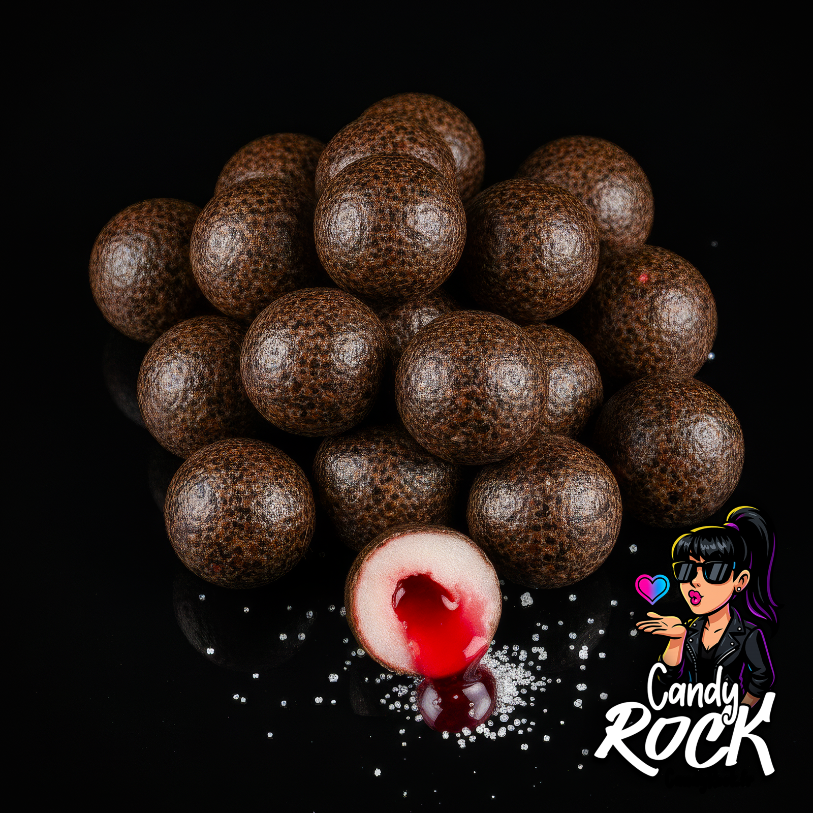 Billes chewing gum Destroyer brun moucheté avec cœur rouge liquide acide, présentation intense CandyRock.
