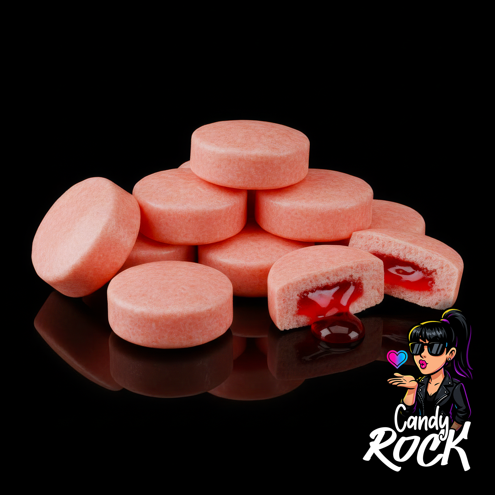 Chewing gums ronds roses Bubbaloo au cœur liquide tutti frutti, présentation générale sur fond noir, CandyRock.