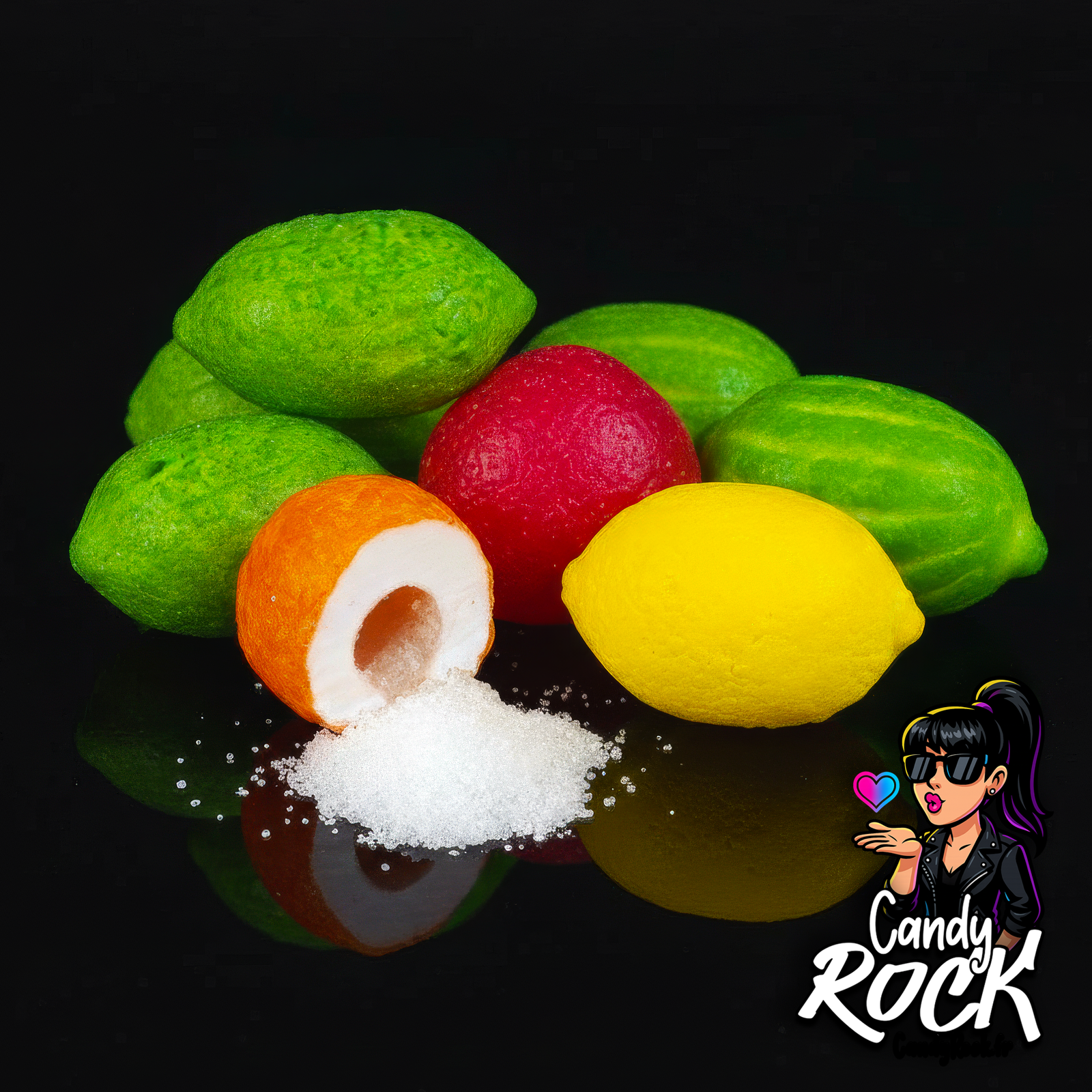 Gros plan sur chewing-gums ovales acidulés montrant un cœur blanc sucré, sur fond noir CandyRock.