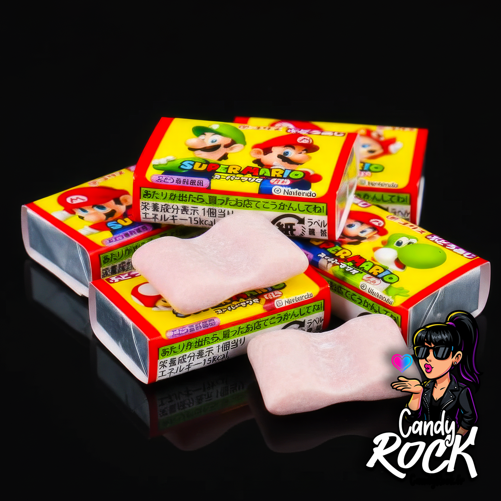 Gros plan sur un chewing-gum coussin rose poudré posé sur des boîtes Super Mario multicolores, rendu fun et moderne CandyRock.