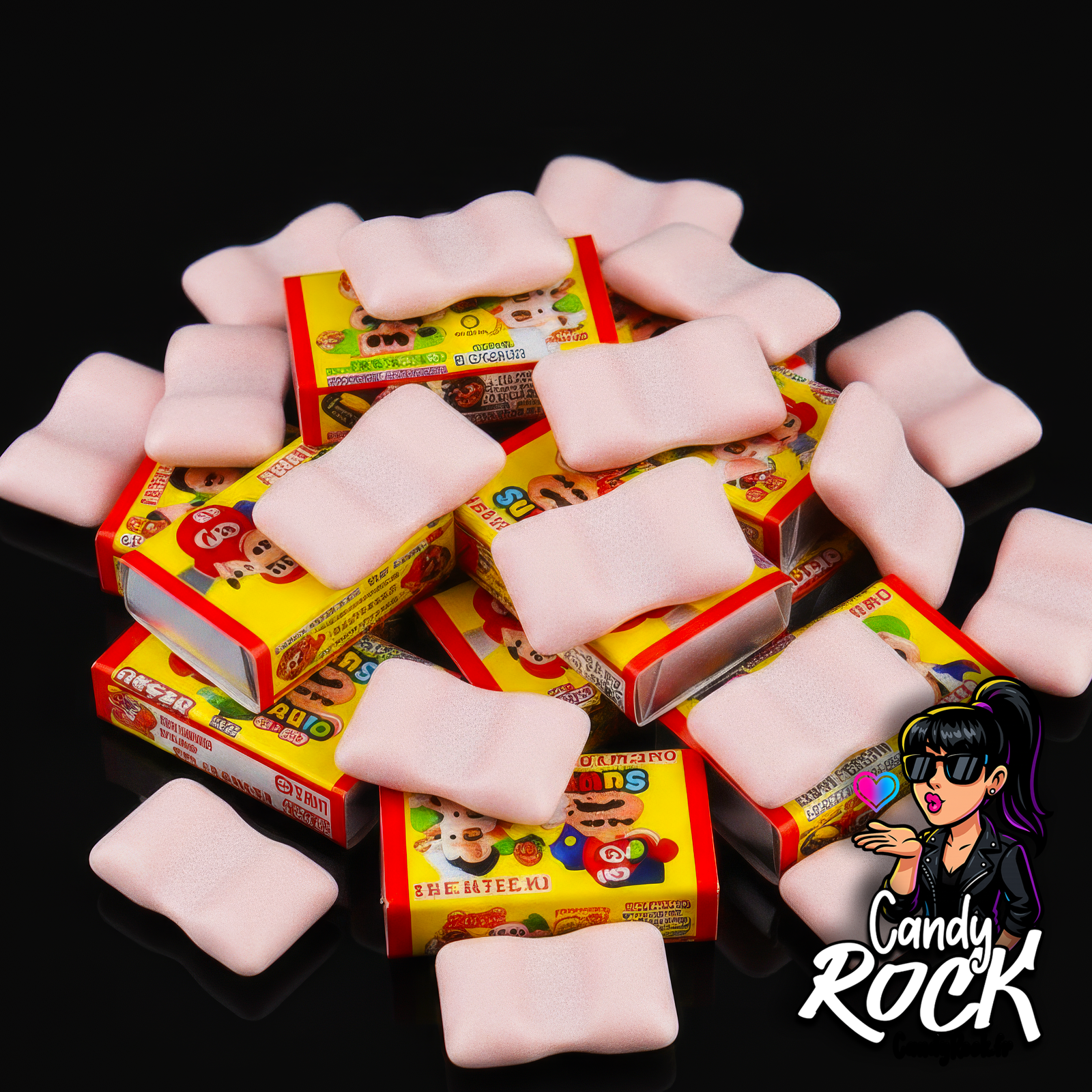 Chewing-gums japonais Super Mario en forme de coussins roses poudrés posés sur mini-boîtes colorées, ambiance pop CandyRock.