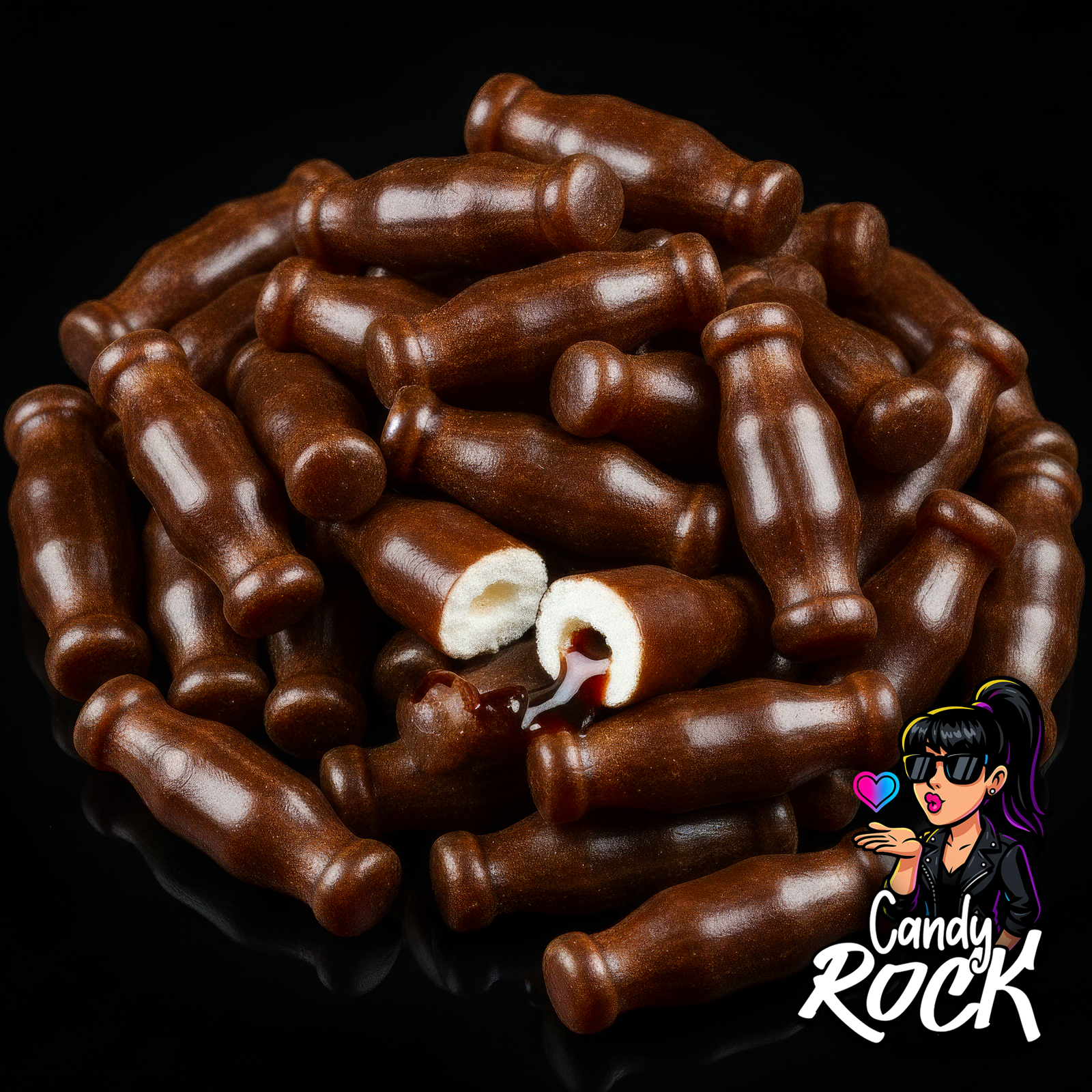 Chewing-gums en forme de petites bouteilles brunes, fourrés cola liquide, présentés sur fond noir CandyRock.