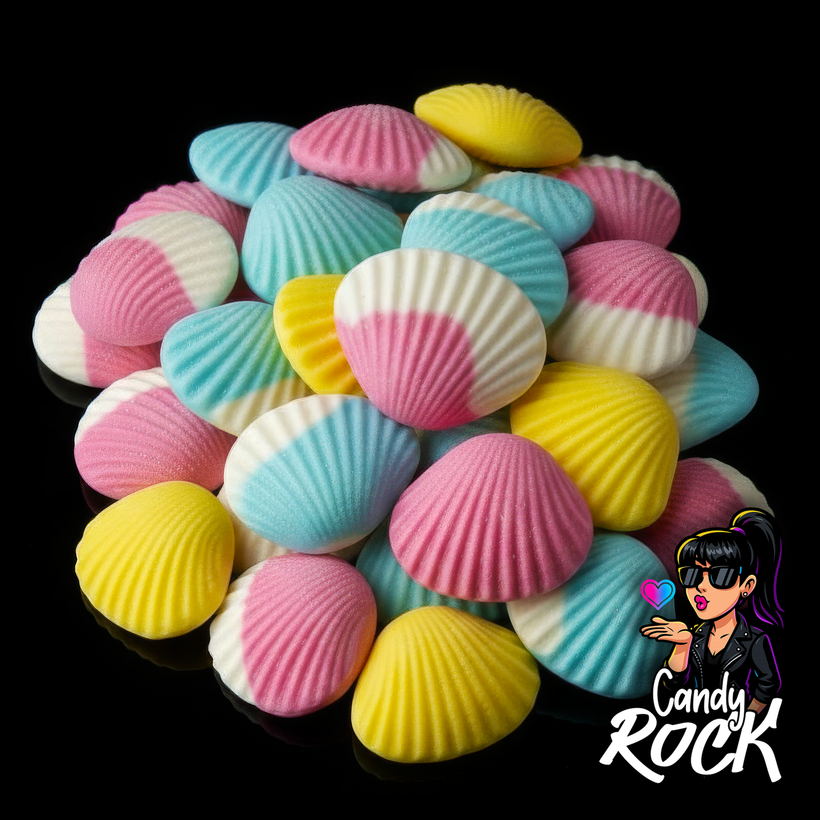 Coquillages gélifiés lisses multicolores en vrac sur fond noir, texture douce et côtelée, CandyRock.