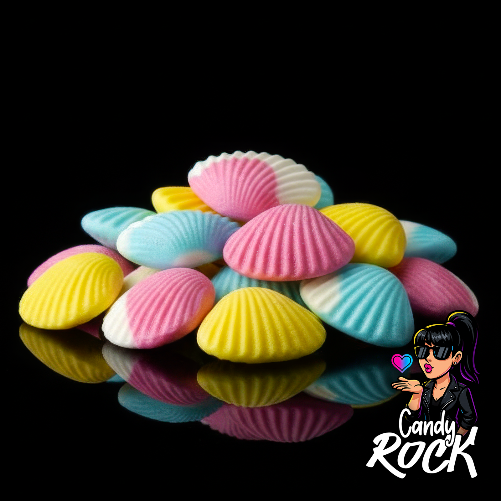 Zoom sur coquillages gélifiés lisses bicolores montrant le relief côtelé, CandyRock.