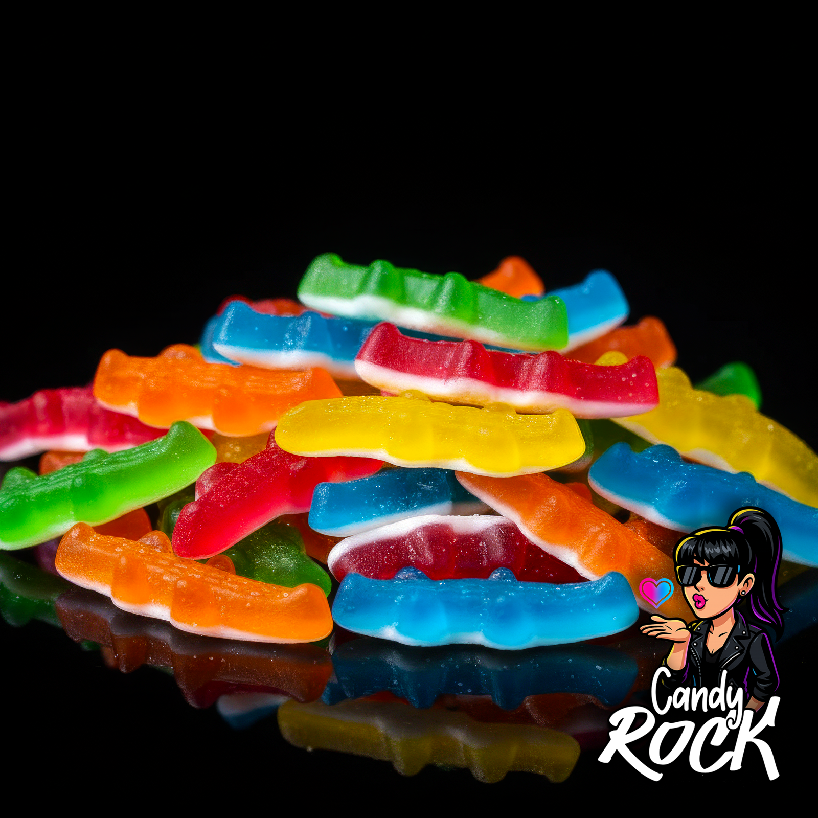 Gros plan sur crocodiles gélifiés multicolores lisses et brillants, détails du dessous blanc et des textures glossy, CandyRock.