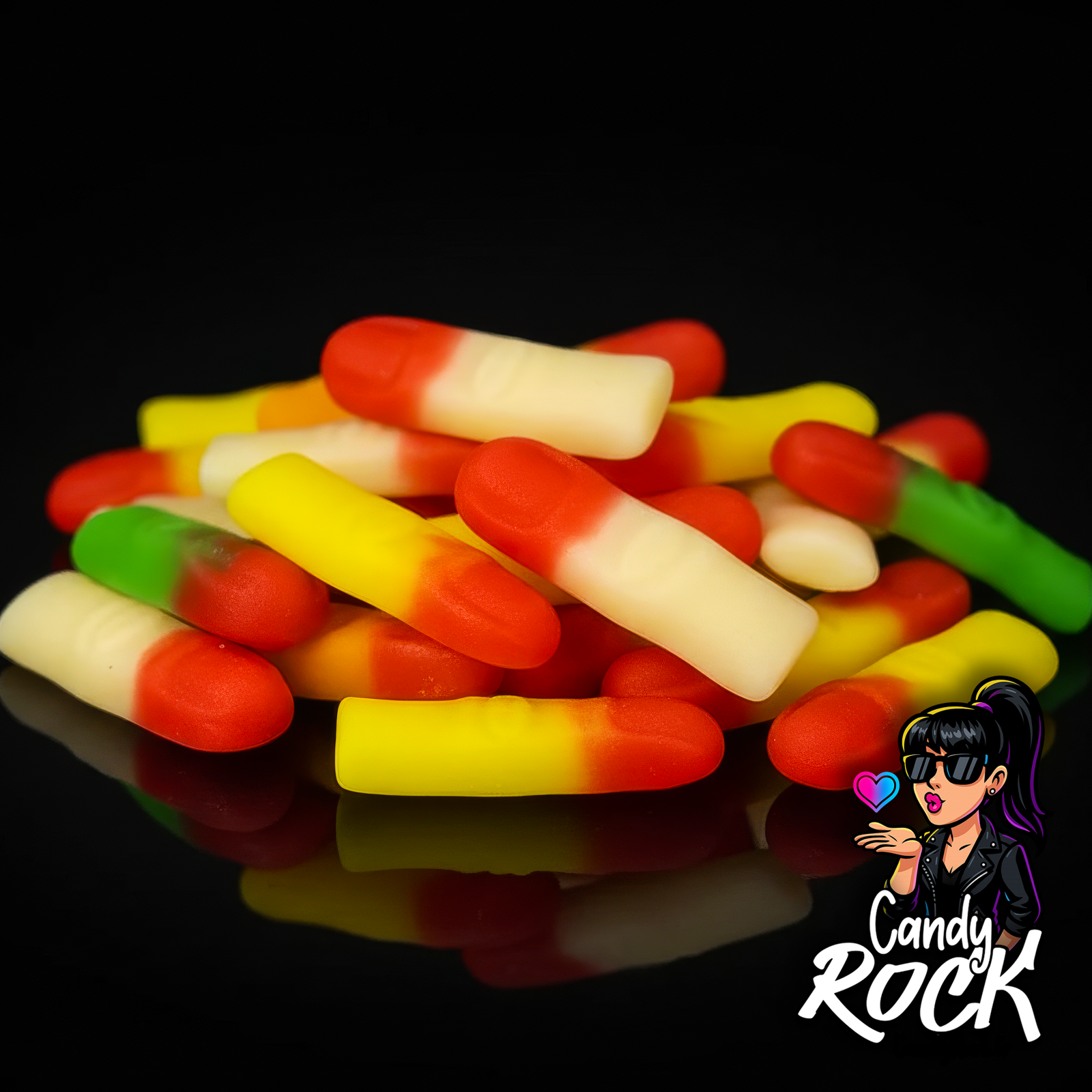 Vue rapprochée de bonbons doigts lisses avec couleurs vives bicolores et surface mate, présentation CandyRock.