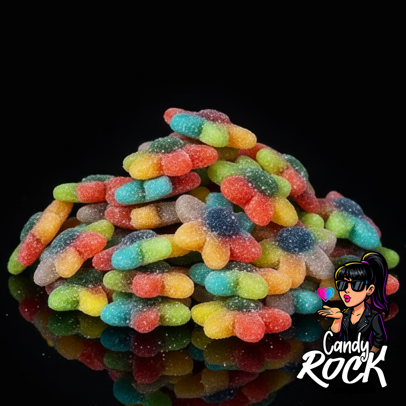 Vue rapprochée de fleurs gélifiées acidulées multicolores avec texture sucrée bien visible, ambiance CandyRock.