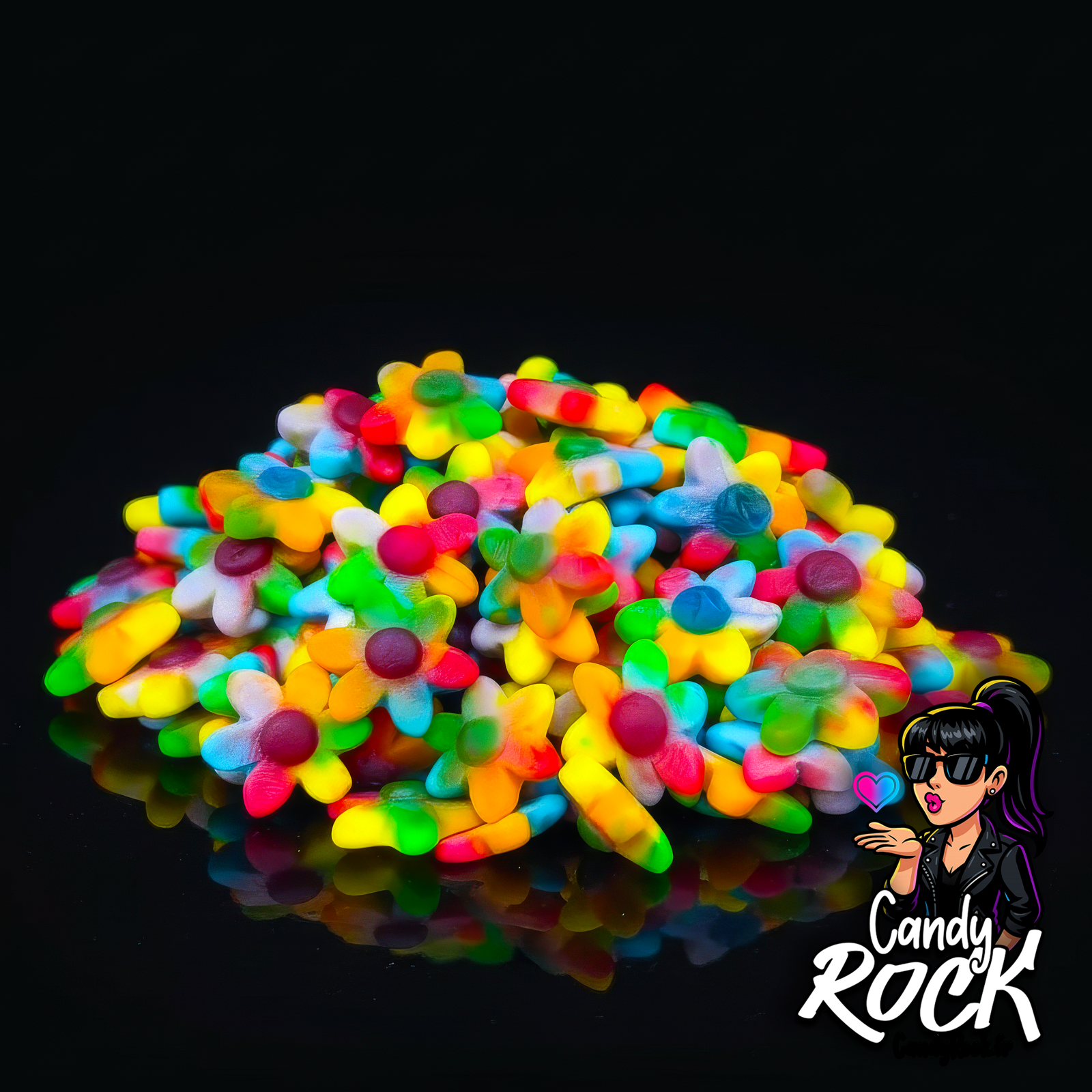 Zoom sur des fleurs gélifiées lisses multicolores révélant leur texture brillante et leurs couleurs intenses, CandyRock.