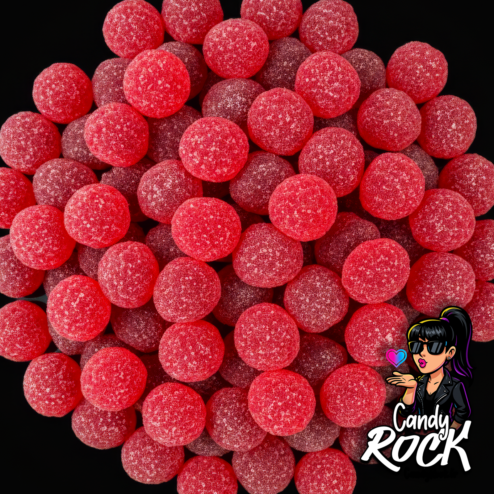 Bonbons fraise rouge sucrés ronds et brillants, vue générale du vrac gélifié rouge CandyRock.