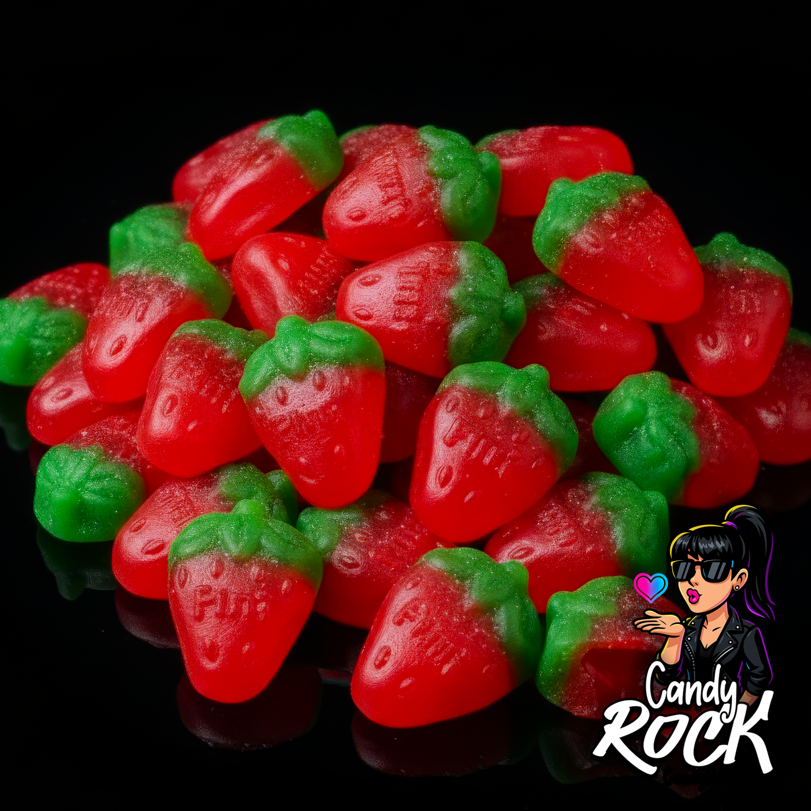 Bonbons fraises gélifiés lisses et fourrés, rouges et verts sur fond noir, présentation CandyRock.