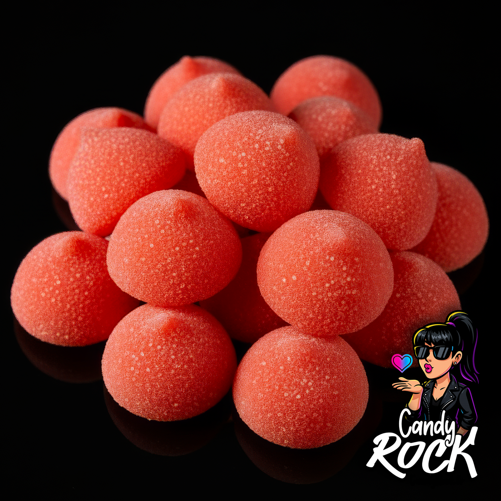 Guimauves balles de golf rouges saveur fraise, présentation générale en vrac sur fond noir, CandyRock.
