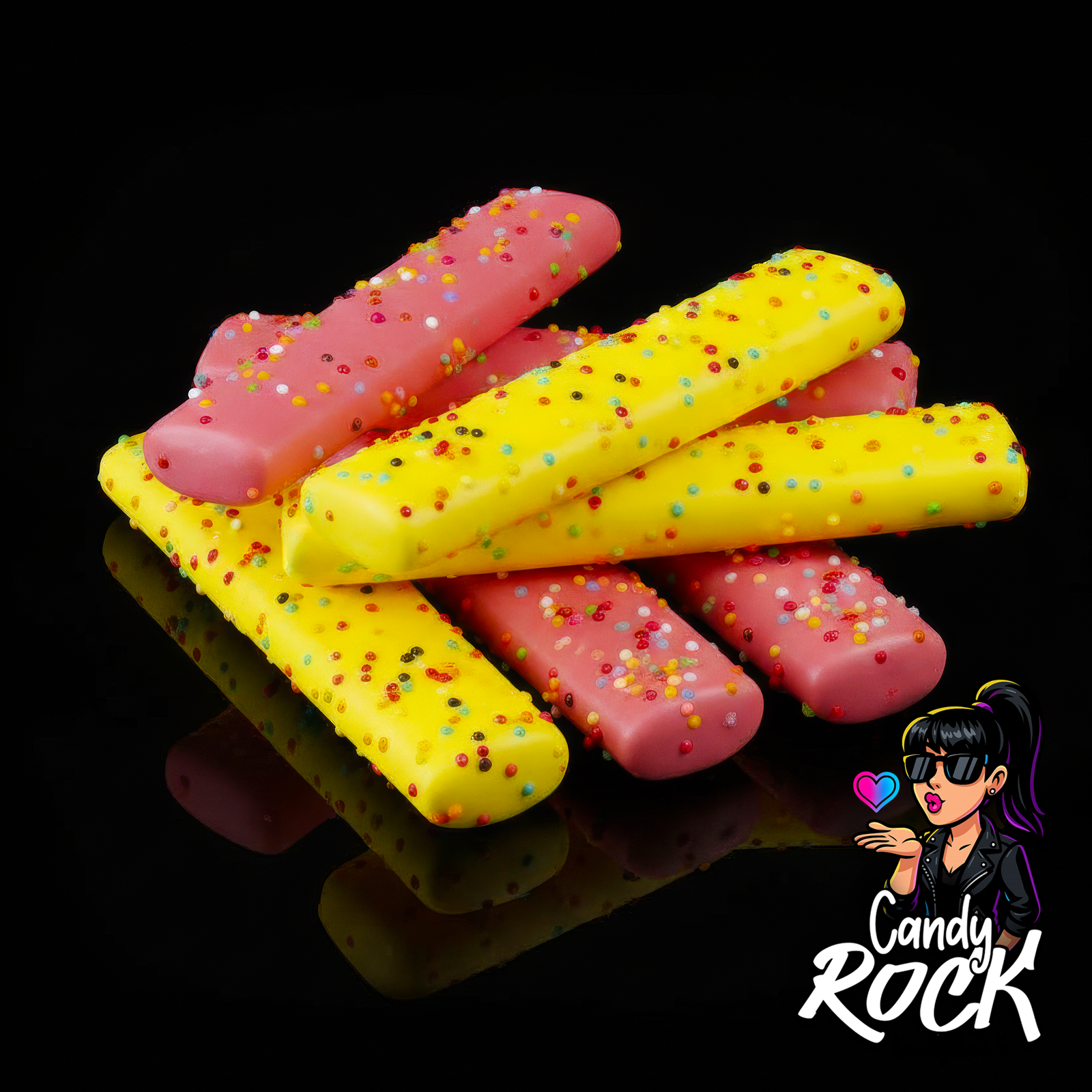 Zoom sur guimauves barres colorées Fini avec enrobage chocolat et billes multicolores croustillantes, texture détaillée CandyRock.