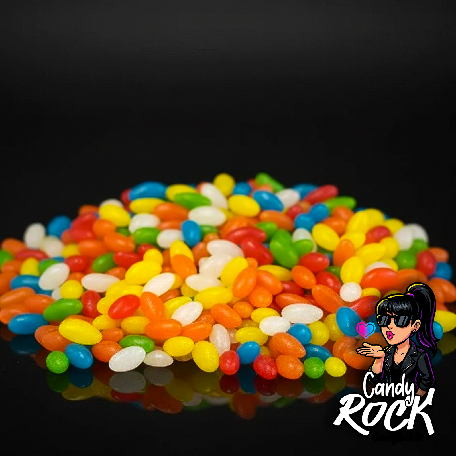 Vue rapprochée de haricots gélifiés multicolores, détail des couleurs éclatantes et de la texture brillante, CandyRock.