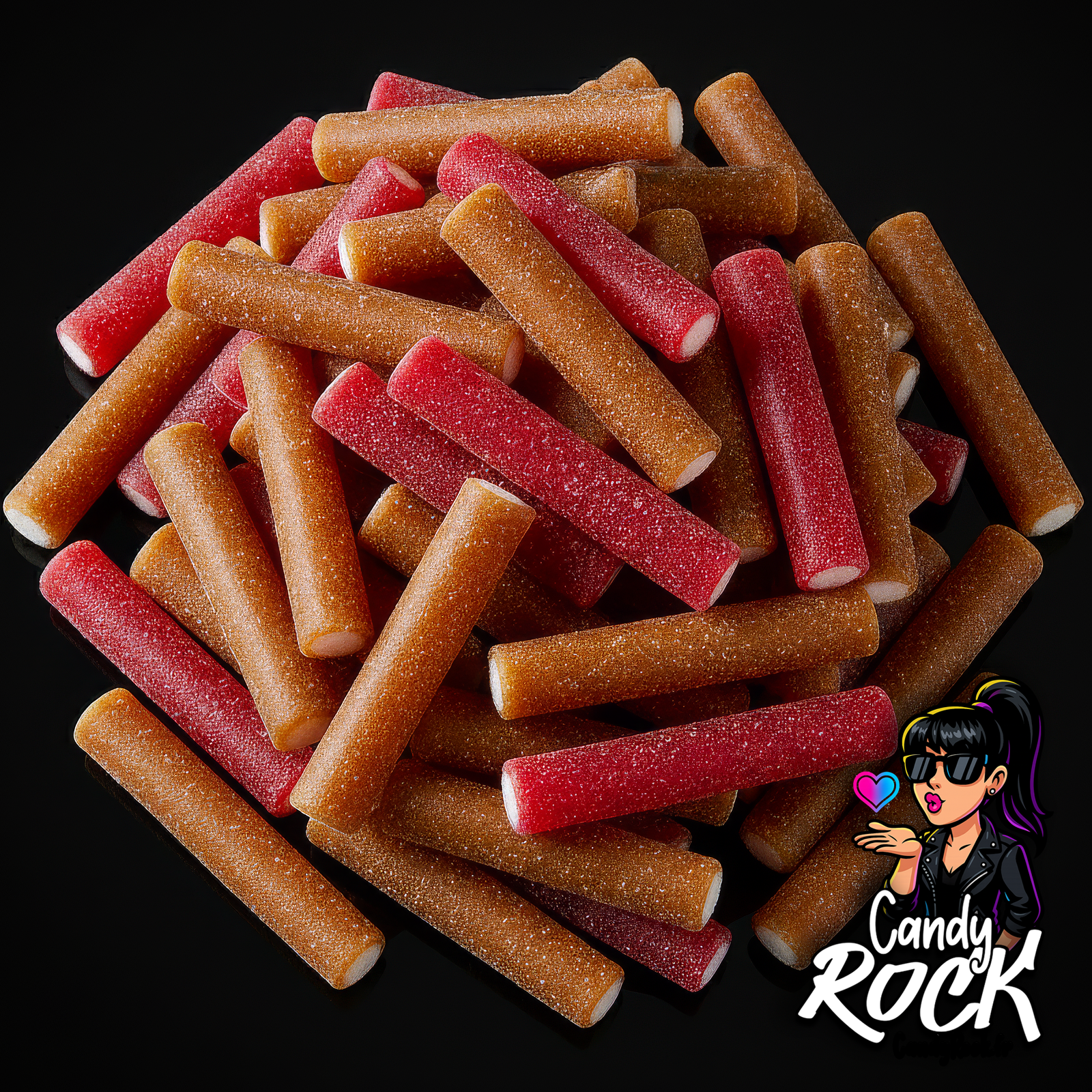 Rouleaux jumbo cerise-cola rouges et bruns avec cœur blanc, présentés sur fond noir façon CandyRock.
