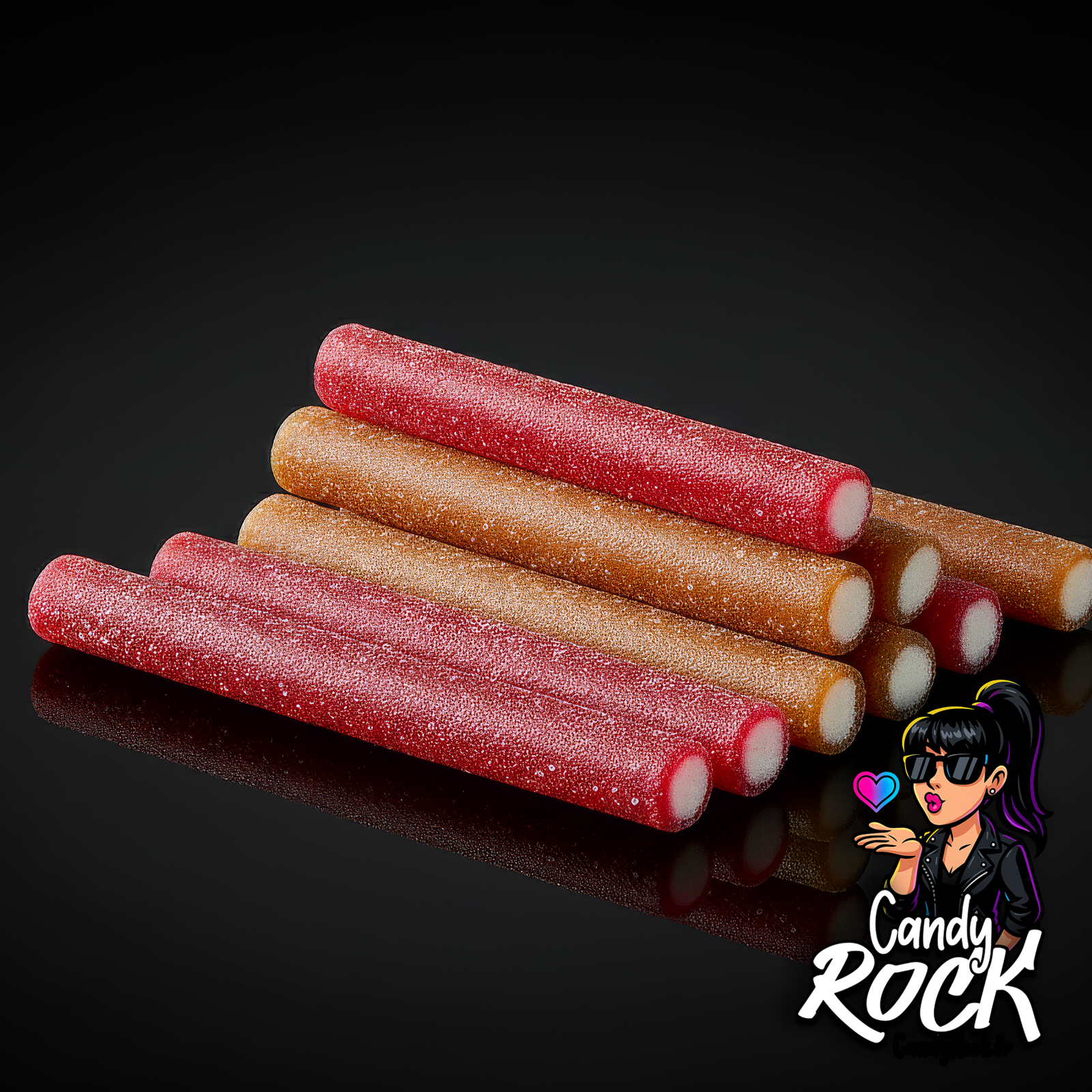 Vue rapprochée de sticks jumbo cerise-cola fourrés et acidulés, texture perlée visible, CandyRock.
