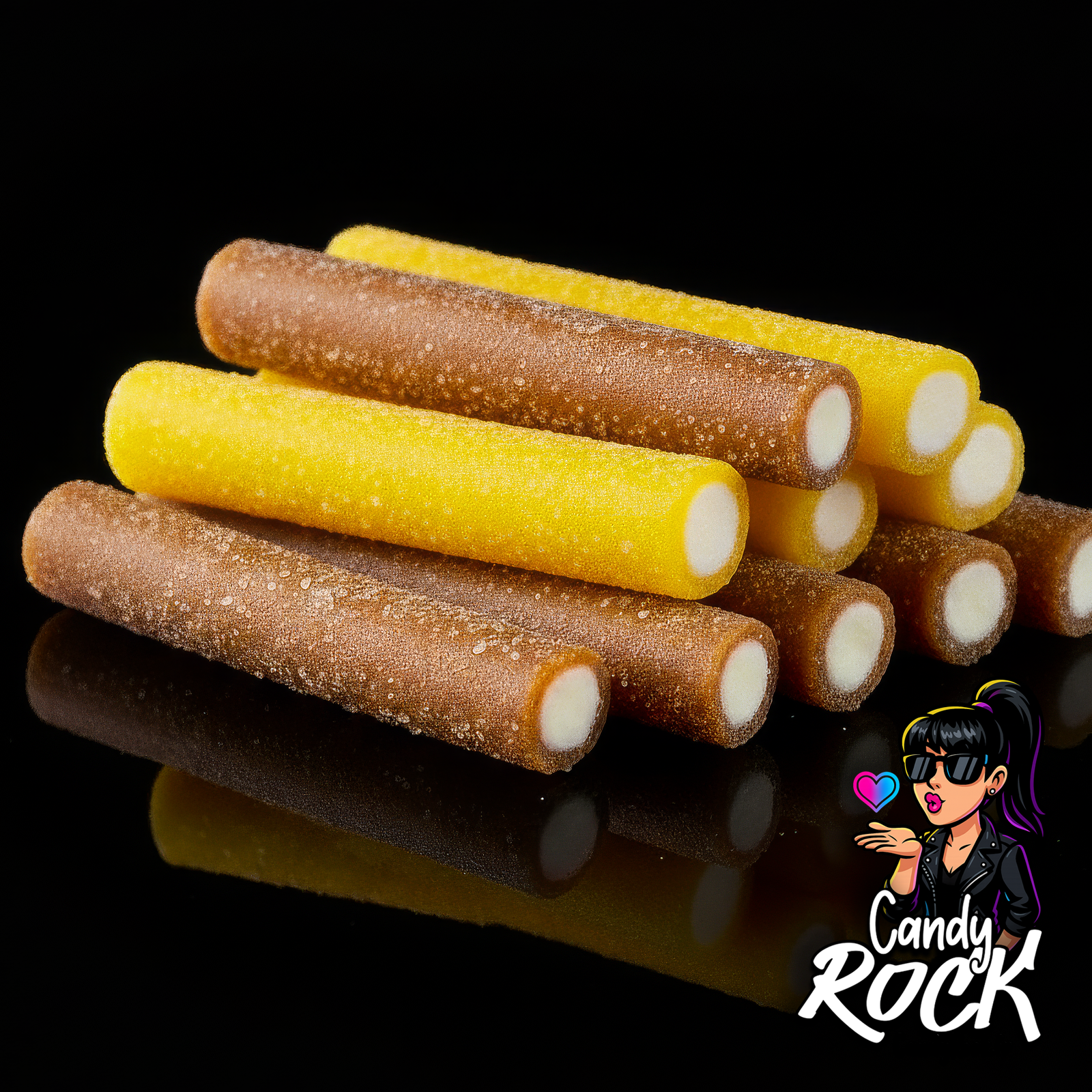 Gros plan sur des jumbo sticks ananas-coco acidulés, texture perlée et cœur moelleux visibles, CandyRock.