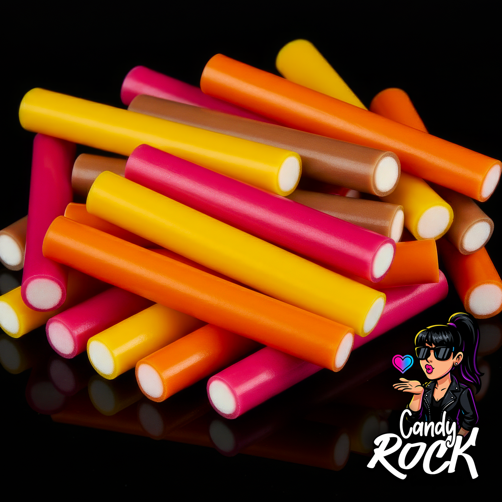 Jumbo sticks multicolores lisses aux cœurs blancs, empilés sur fond noir brillant, style CandyRock.