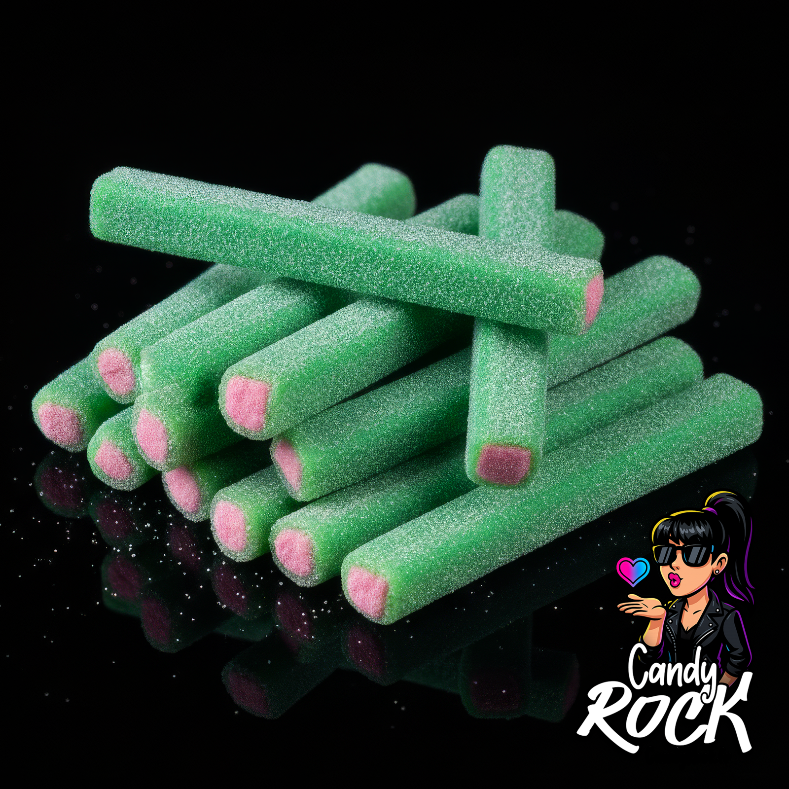 Gros plan sur sticks pastèque verts sucrés révélant un cœur rose tendre, texture acidulée brillante, CandyRock.