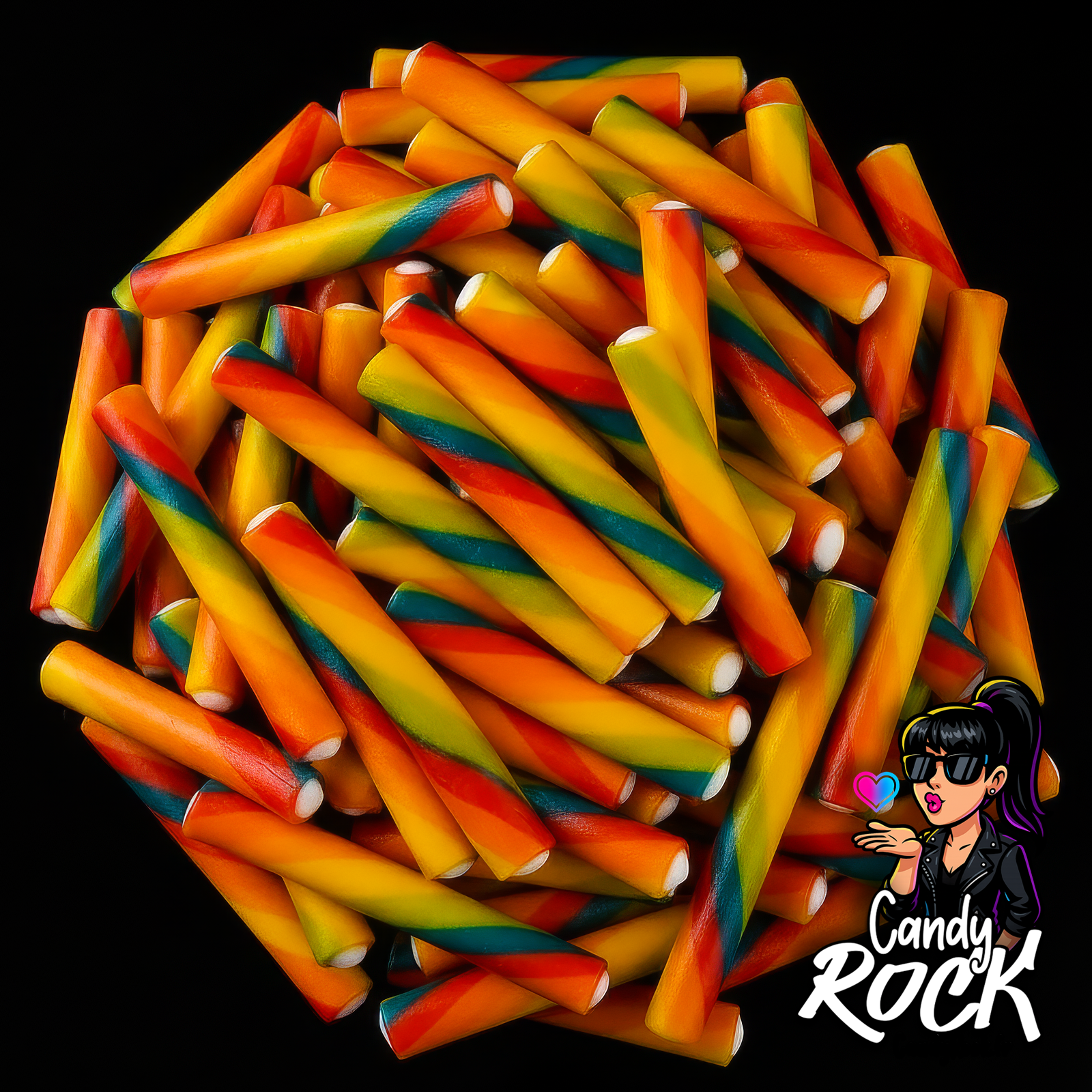 Jumbo sticks twist multicolores lisses avec cœur blanc moelleux, présentés en tas sur fond noir CandyRock.