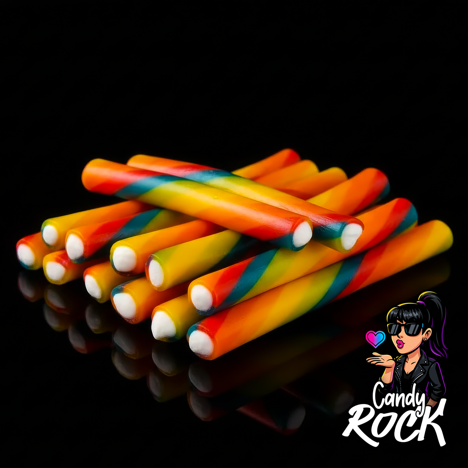 Zoom sur des jumbo sticks multicolores torsadés et lisses, révélant leur cœur blanc crémeux, sur fond noir CandyRock.