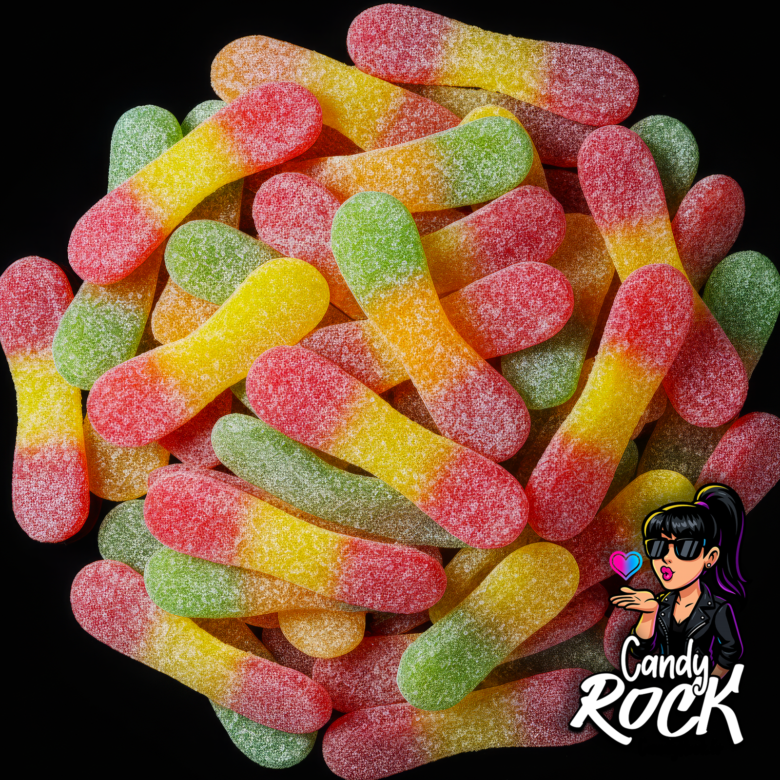 Bonbons Langues de chat gélifiées bicolores fruitées et poudrées, présentées en vrac sur fond noir, collection CandyRock.