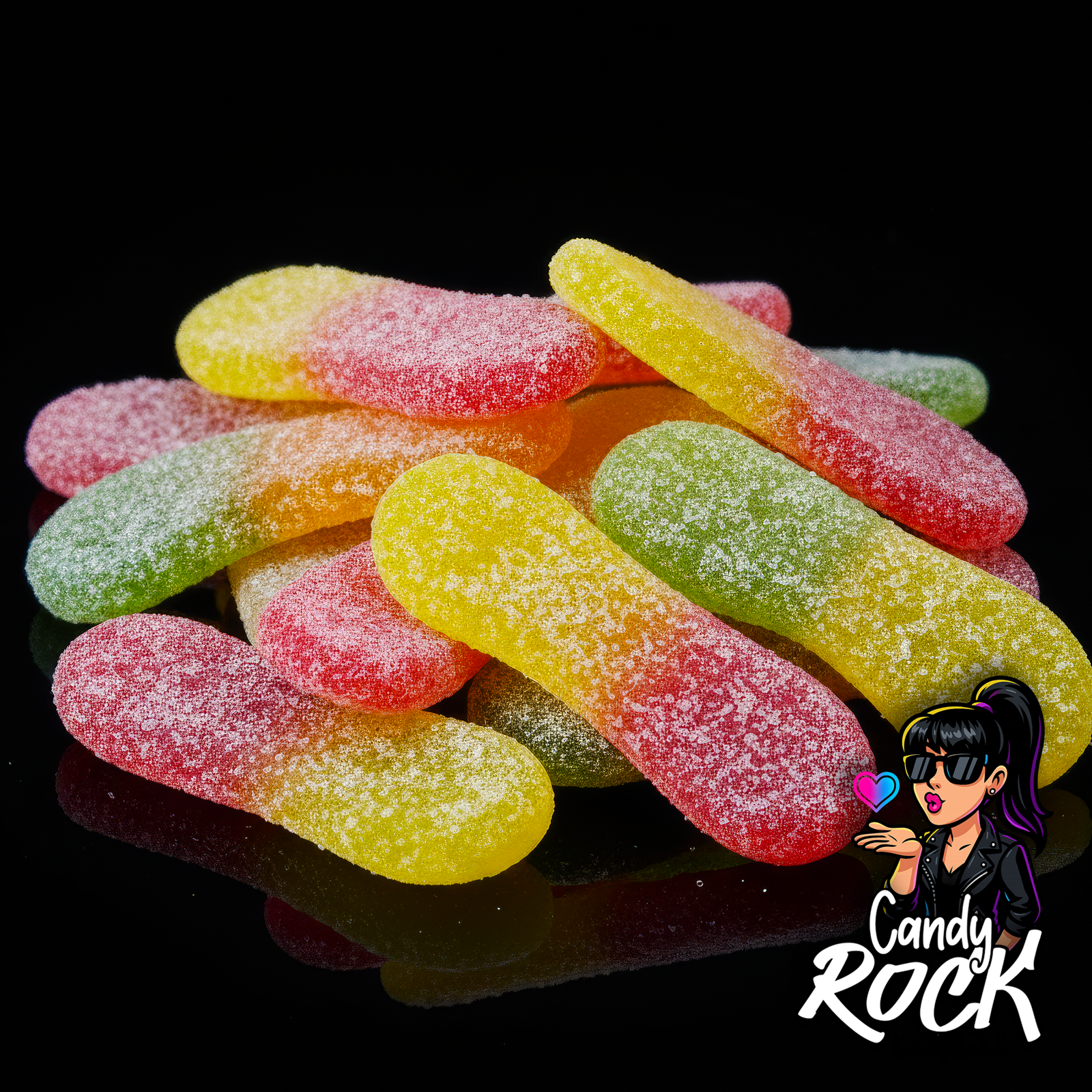 Zoom sur des bonbons langues de chat gélifiées bicolores acidulées, détail de la poudre et des couleurs vives CandyRock.