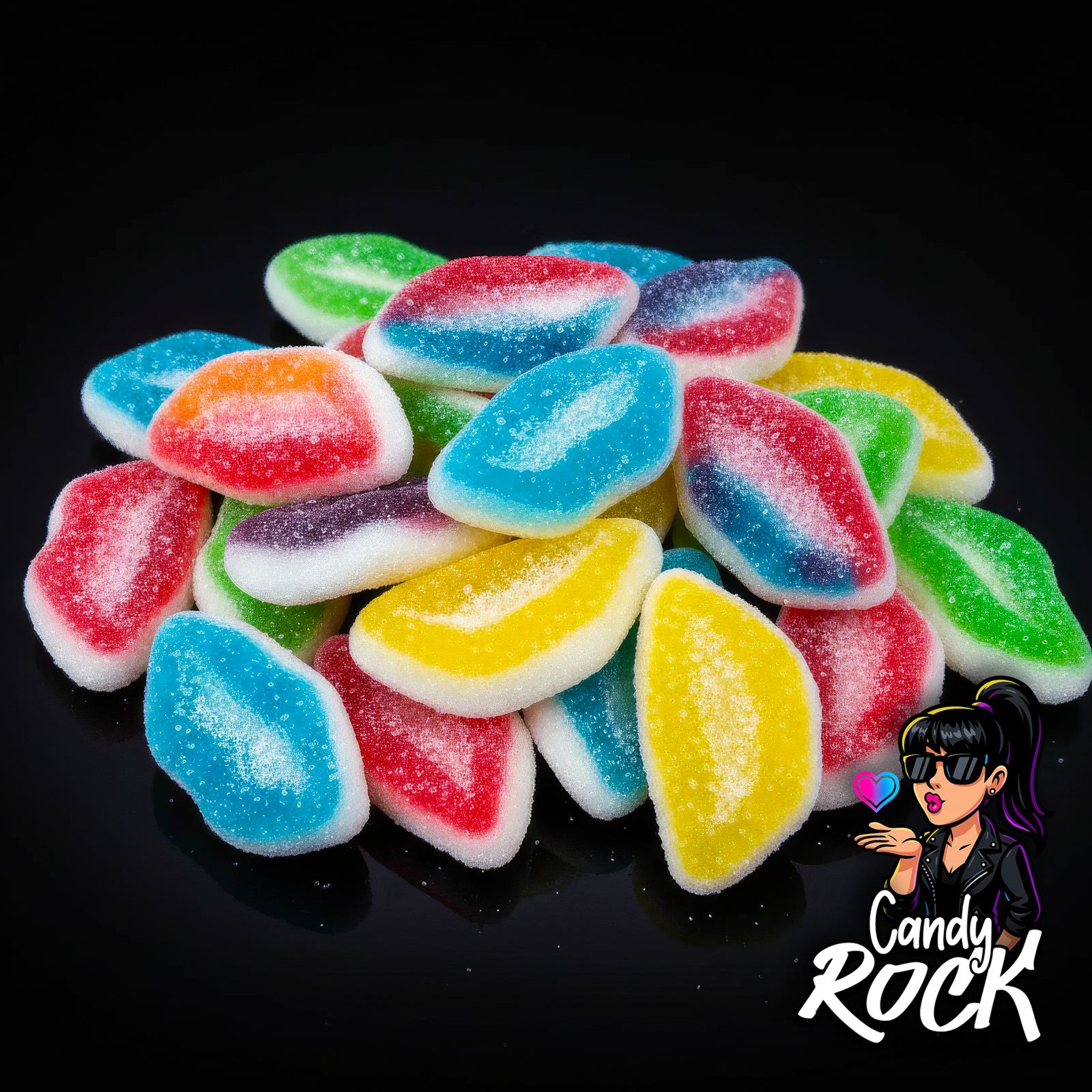 Vue rapprochée de bonbons lèvres acidulées multicolores, détails du sucre et des couleurs vives CandyRock.