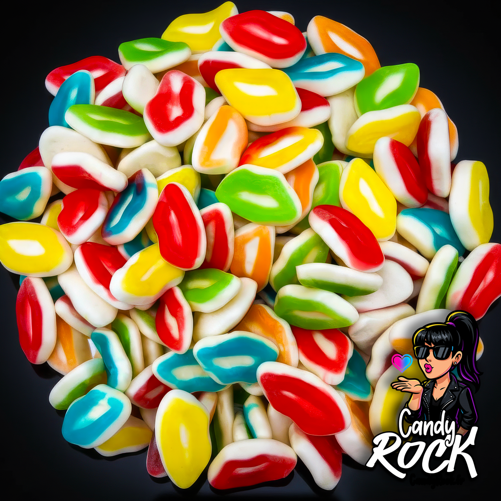 Bonbons gélifiés lisses en forme de lèvres multicolores, surface brillante et moelleuse sur fond noir, CandyRock.