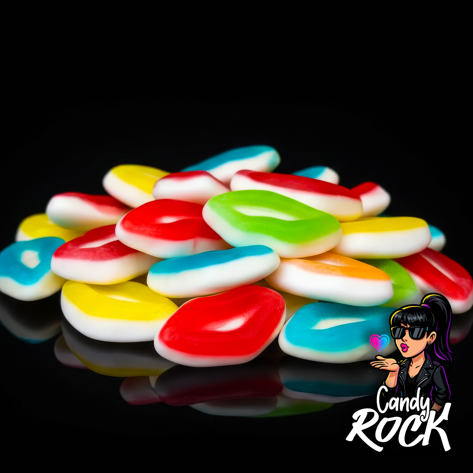 Vue rapprochée de bonbons lèvres lisses multicolores, texture moelleuse glossy et couleurs vives, CandyRock.