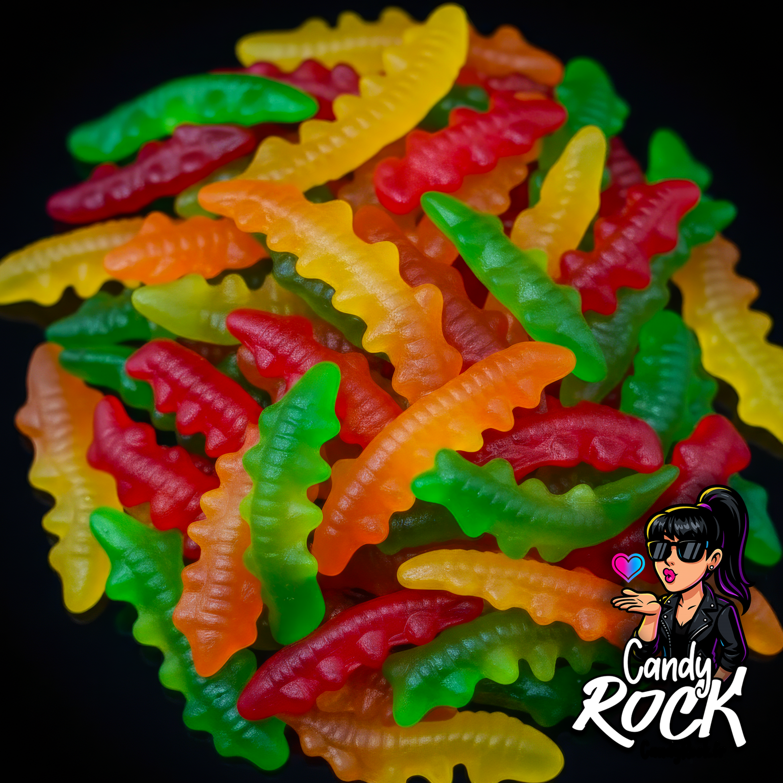 Bonbons mille pattes gélifiés lisses multicolores, vue globale brillante sur fond noir, CandyRock.