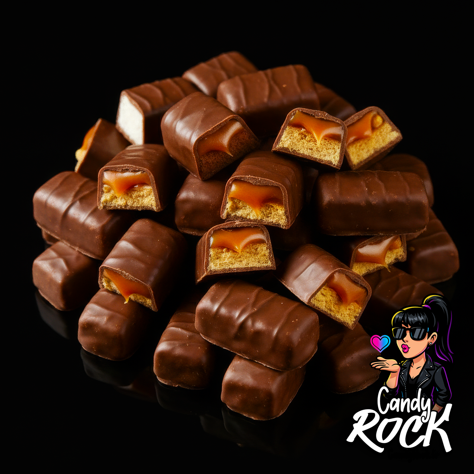 Ensemble de mini barres chocolatées fourrées caramel et biscuit empilées sur fond noir signature CandyRock.
