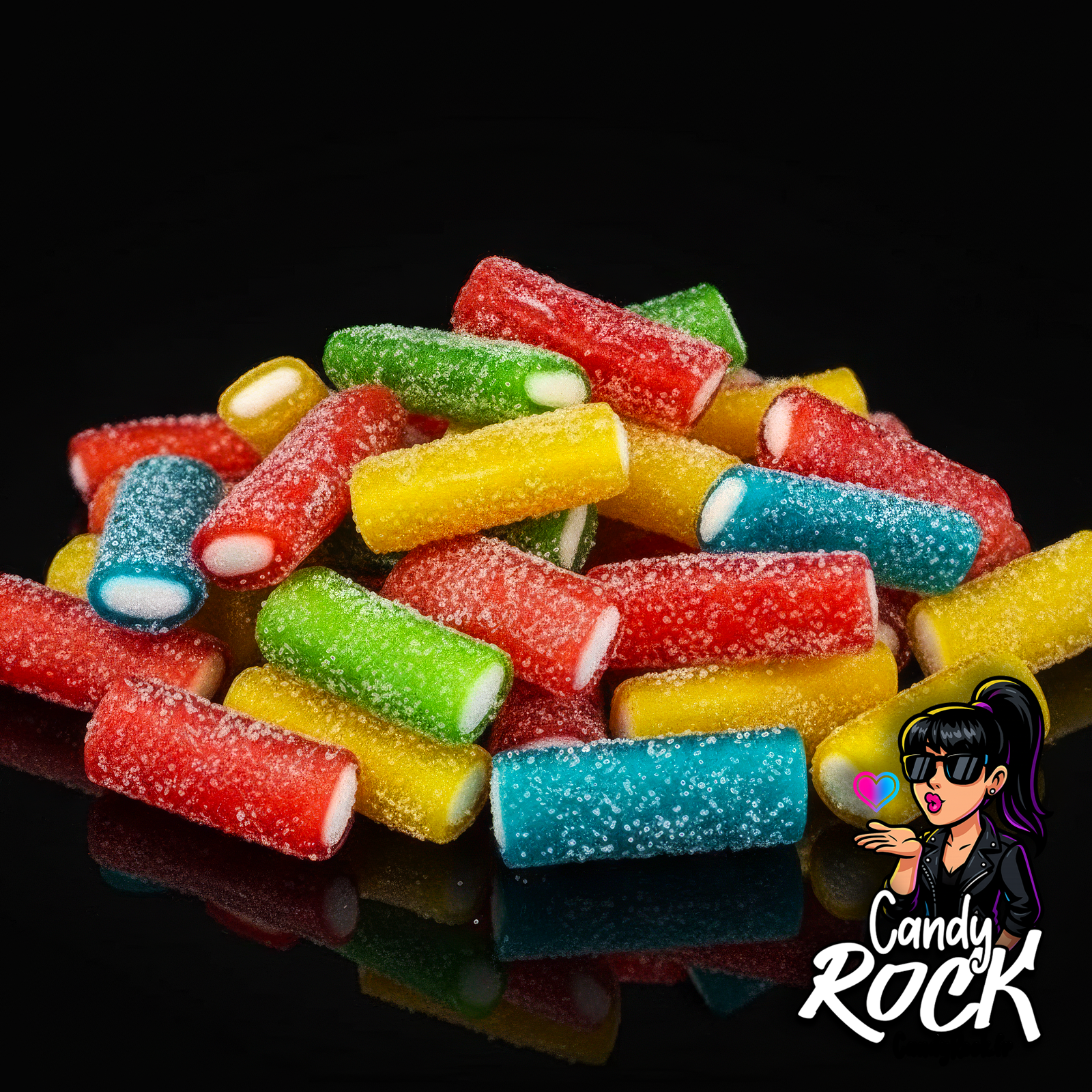 Vue rapprochée de mini câbles acidulés multicolores CandyRock, détail du sucre et du cœur moelleux.