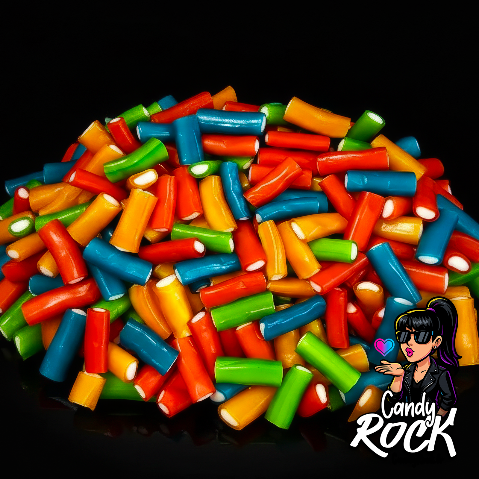 Mini câbles multicolores lisses au cœur blanc, en tas serré sur fond noir brillant, ambiance CandyRock.