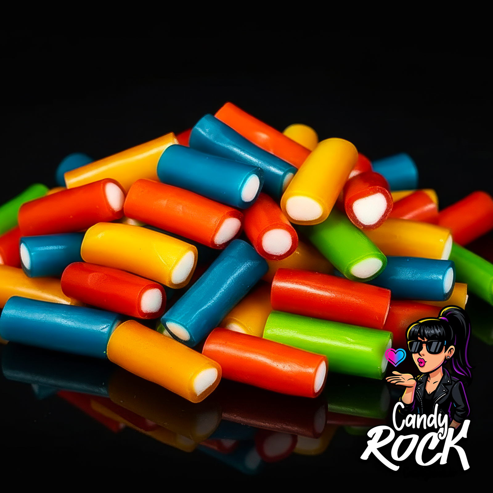 Vue rapprochée de mini câbles gélifiés lisses multicolores révélant leur centre blanc sur fond noir CandyRock.