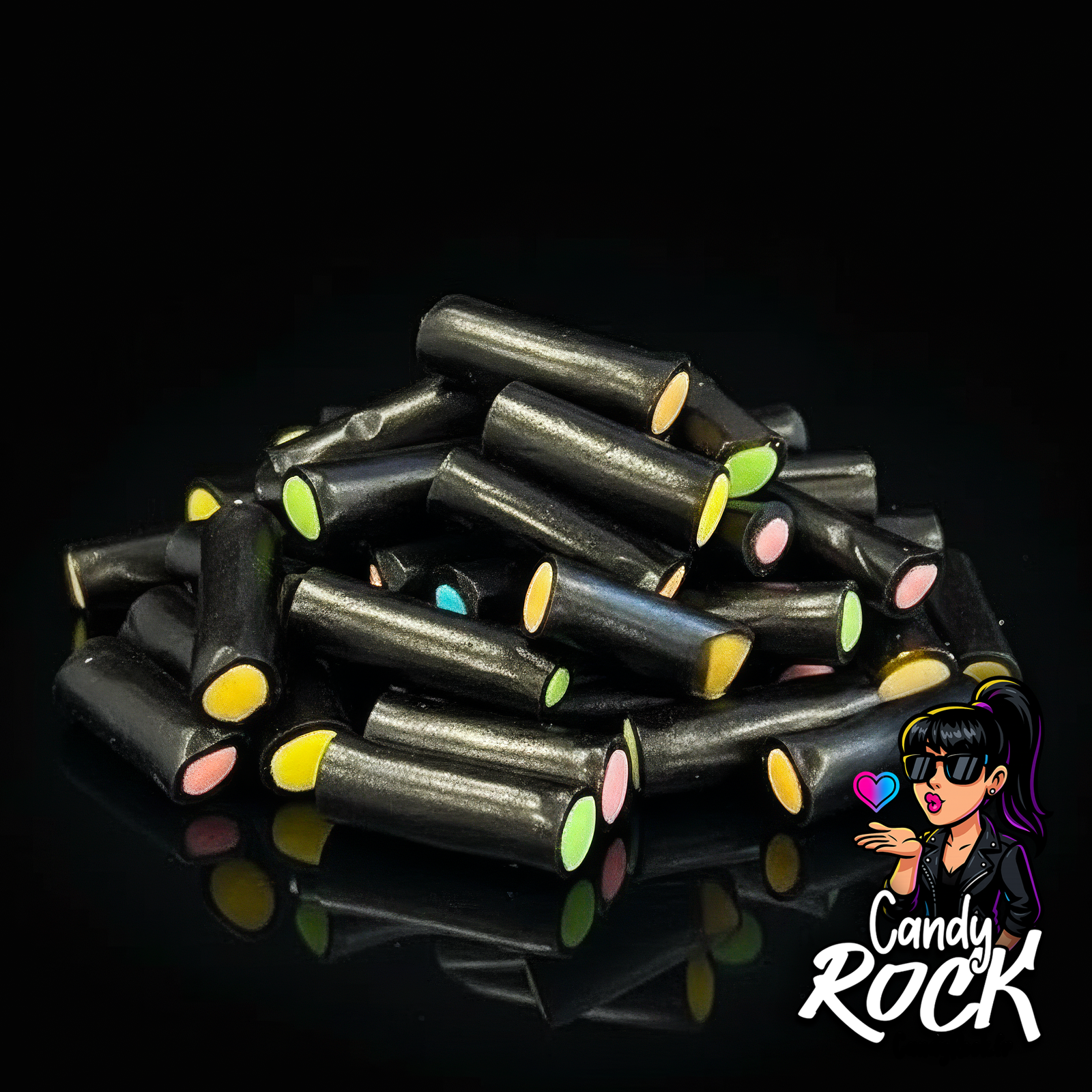 Gros plan sur des mini câbles noirs lisses avec centres colorés, présentés sur fond noir CandyRock.