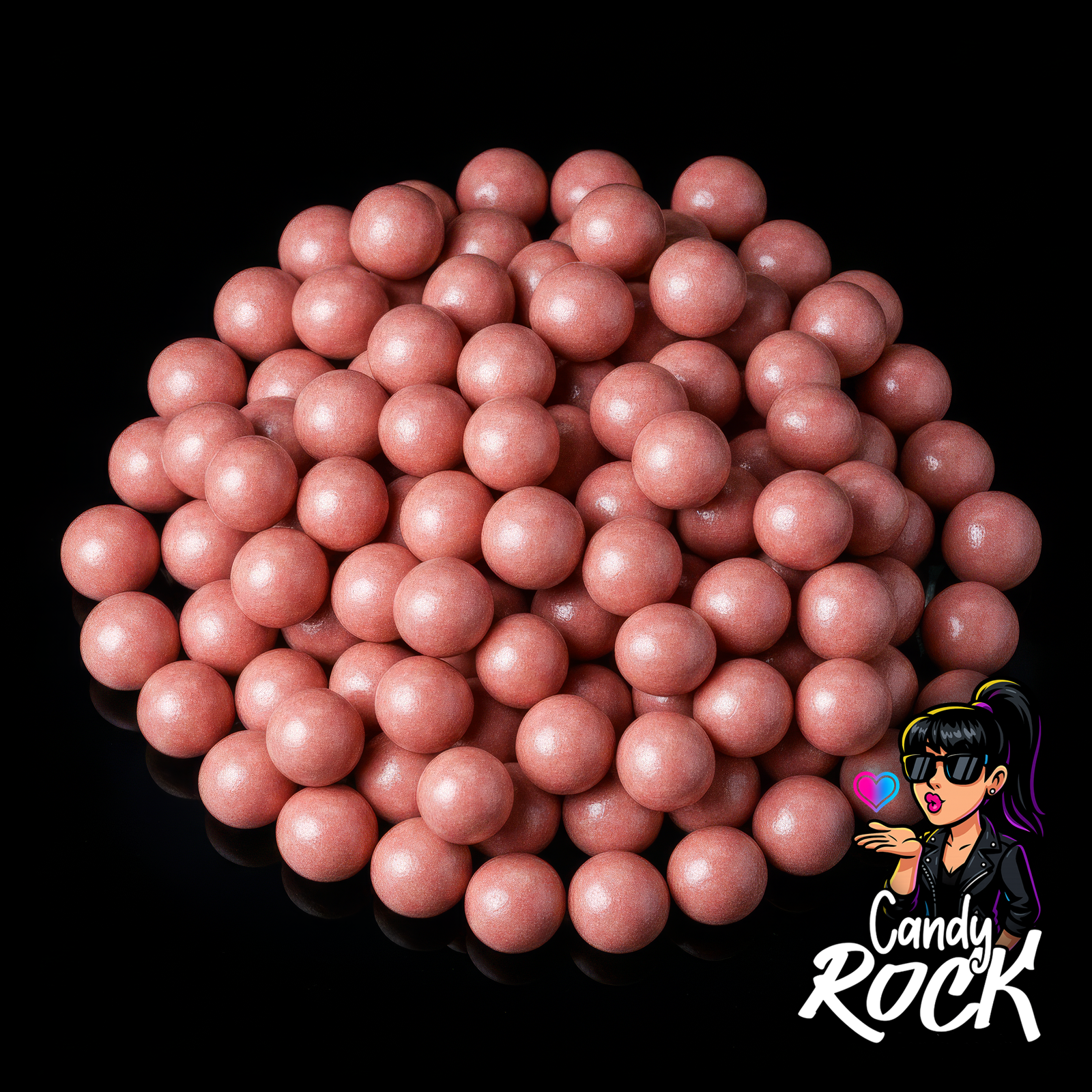 Mini billes Chococranch roses Tukan brillantes regroupées sur fond noir, présentation générale CandyRock.