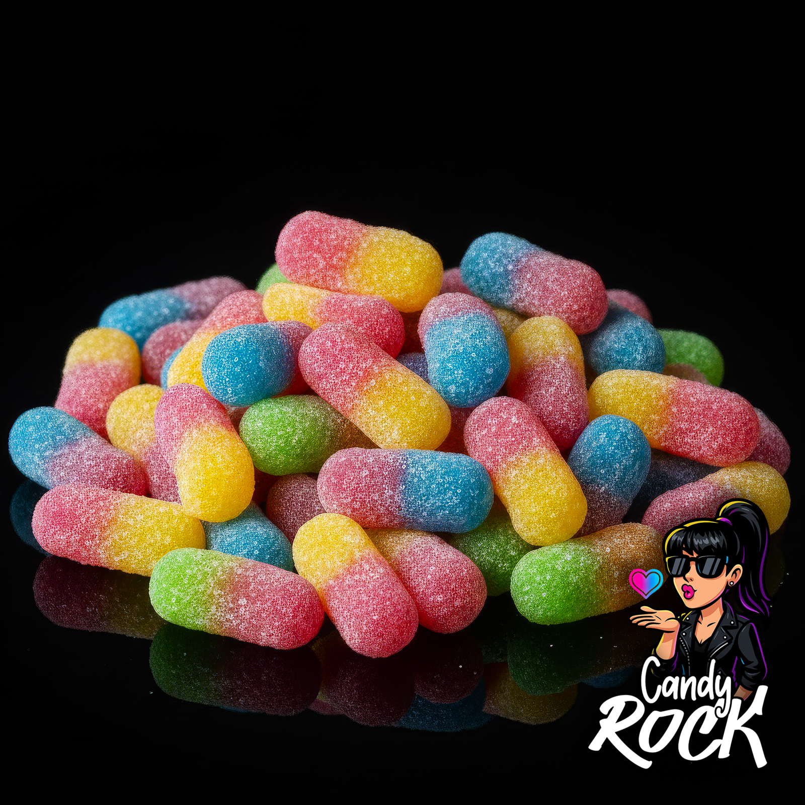 Vue rapprochée des mini vers gélifiés Jake, détail de l’enrobage acidulé et des couleurs vives CandyRock.